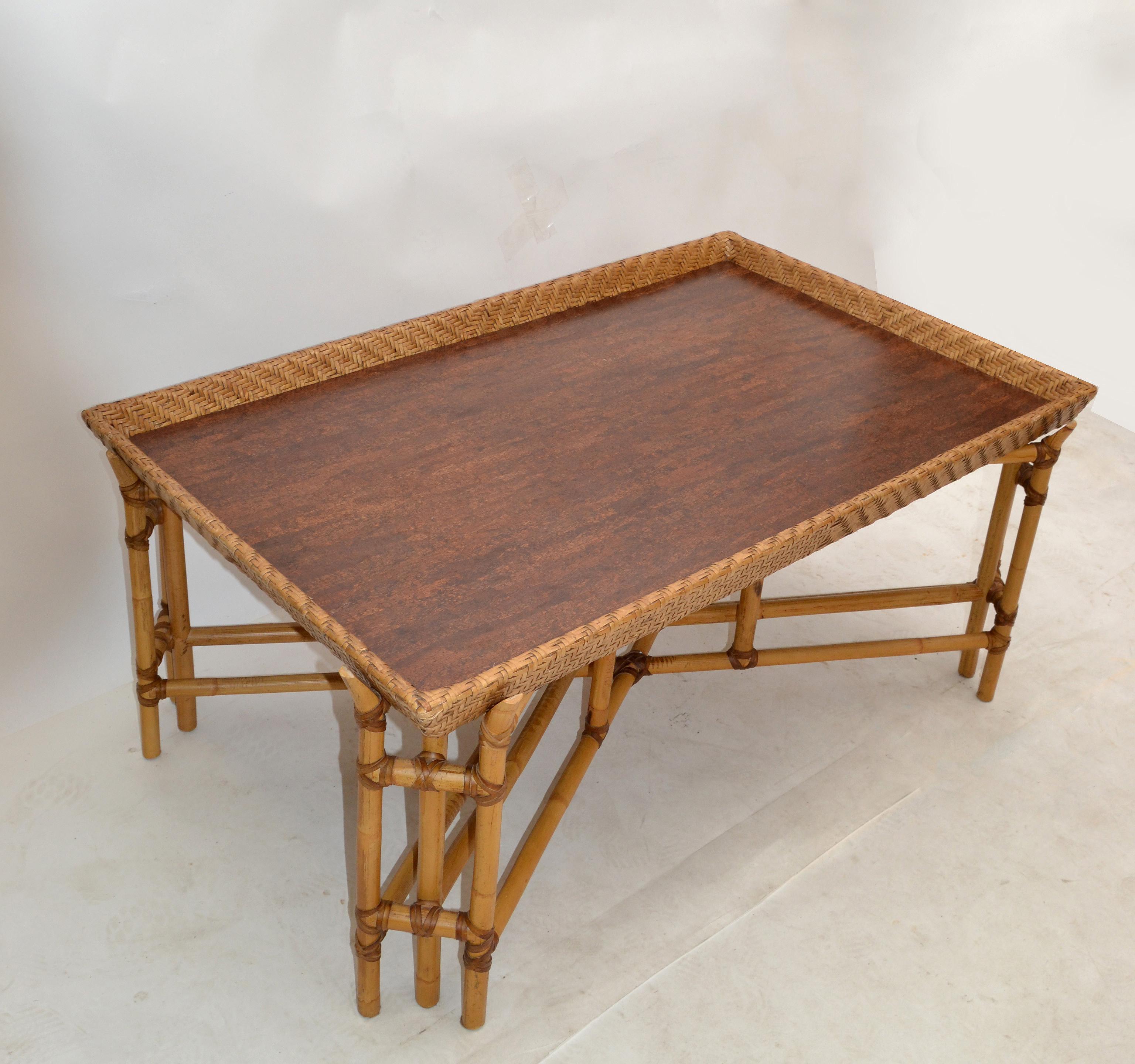 Hand-Woven McGuire Style Rectangular Bamboo Wood Mid-Century Modern Tray Table American 80s