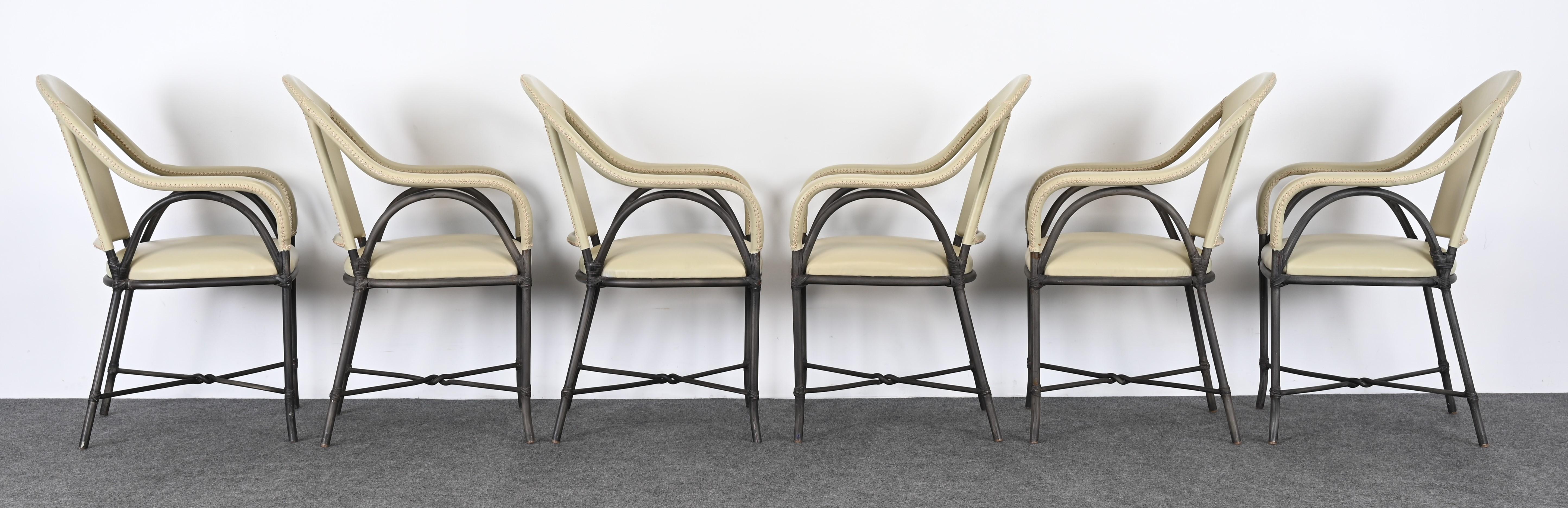 McGuire Style Satz von sechs Esszimmerstühlen aus Stahl und Leder, Terrassenmöbel im Angebot 9