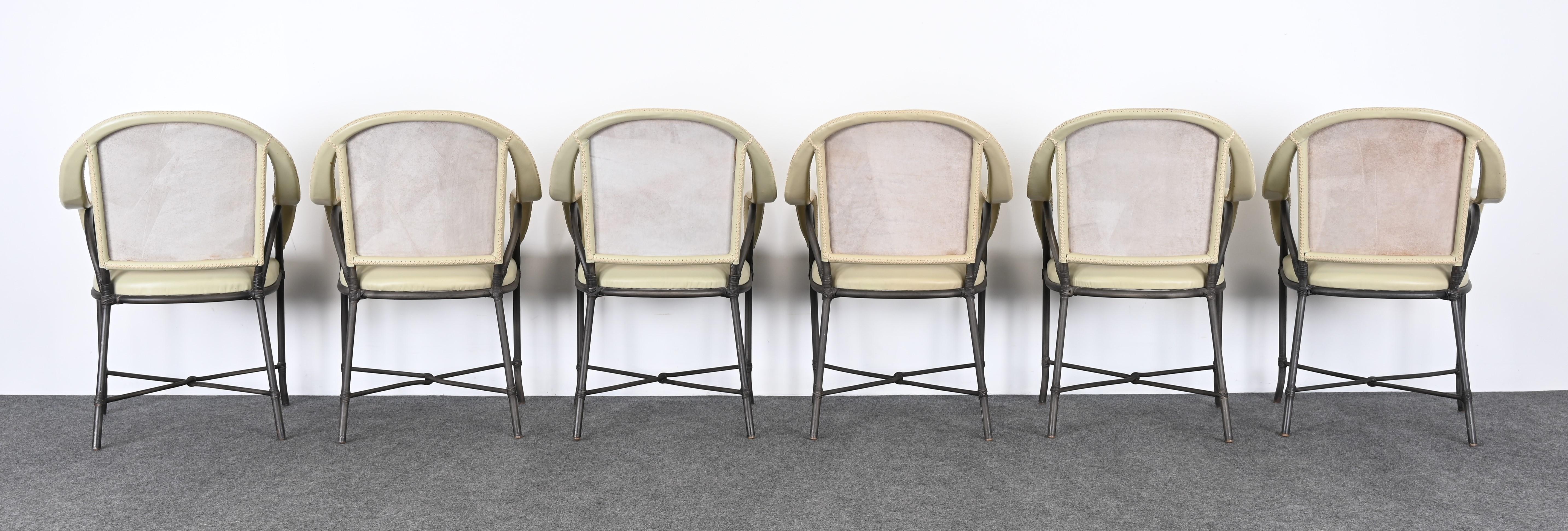 McGuire Style Satz von sechs Esszimmerstühlen aus Stahl und Leder, Terrassenmöbel im Angebot 12