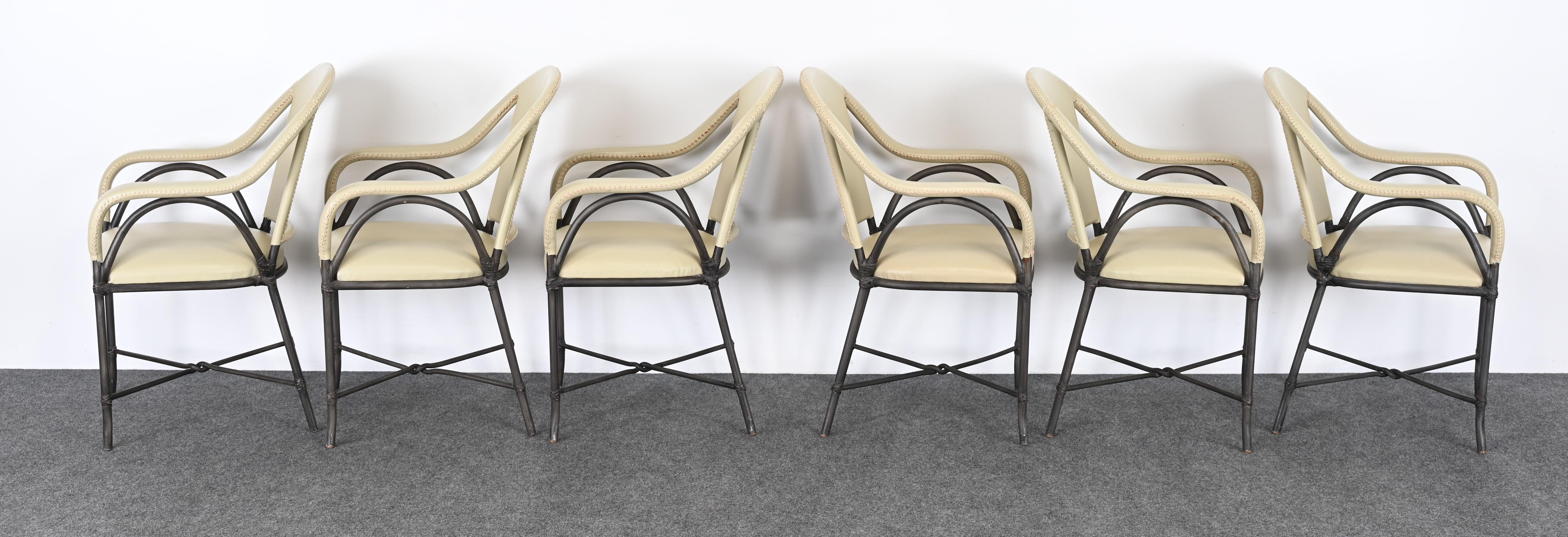 McGuire Style Satz von sechs Esszimmerstühlen aus Stahl und Leder, Terrassenmöbel im Angebot 15