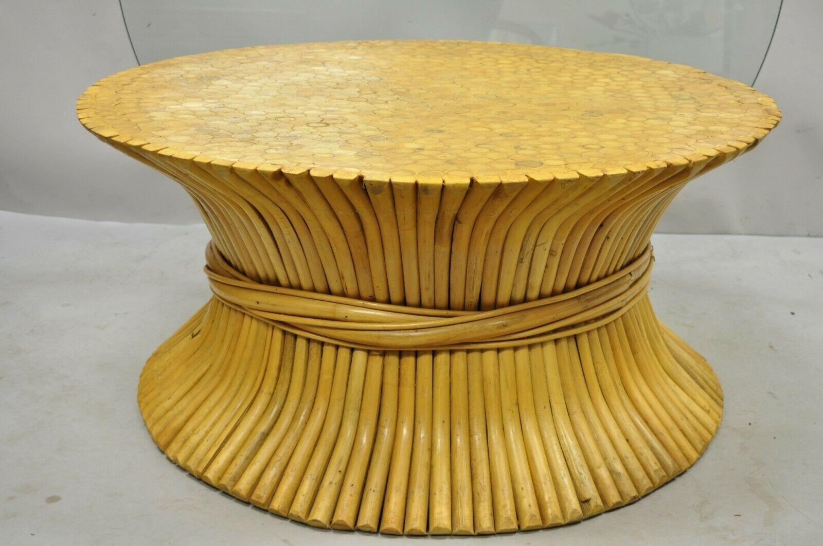 20th Century McGuire Style Sheaf of Wheat Bamboo Round Glass Coffee Table For Sale