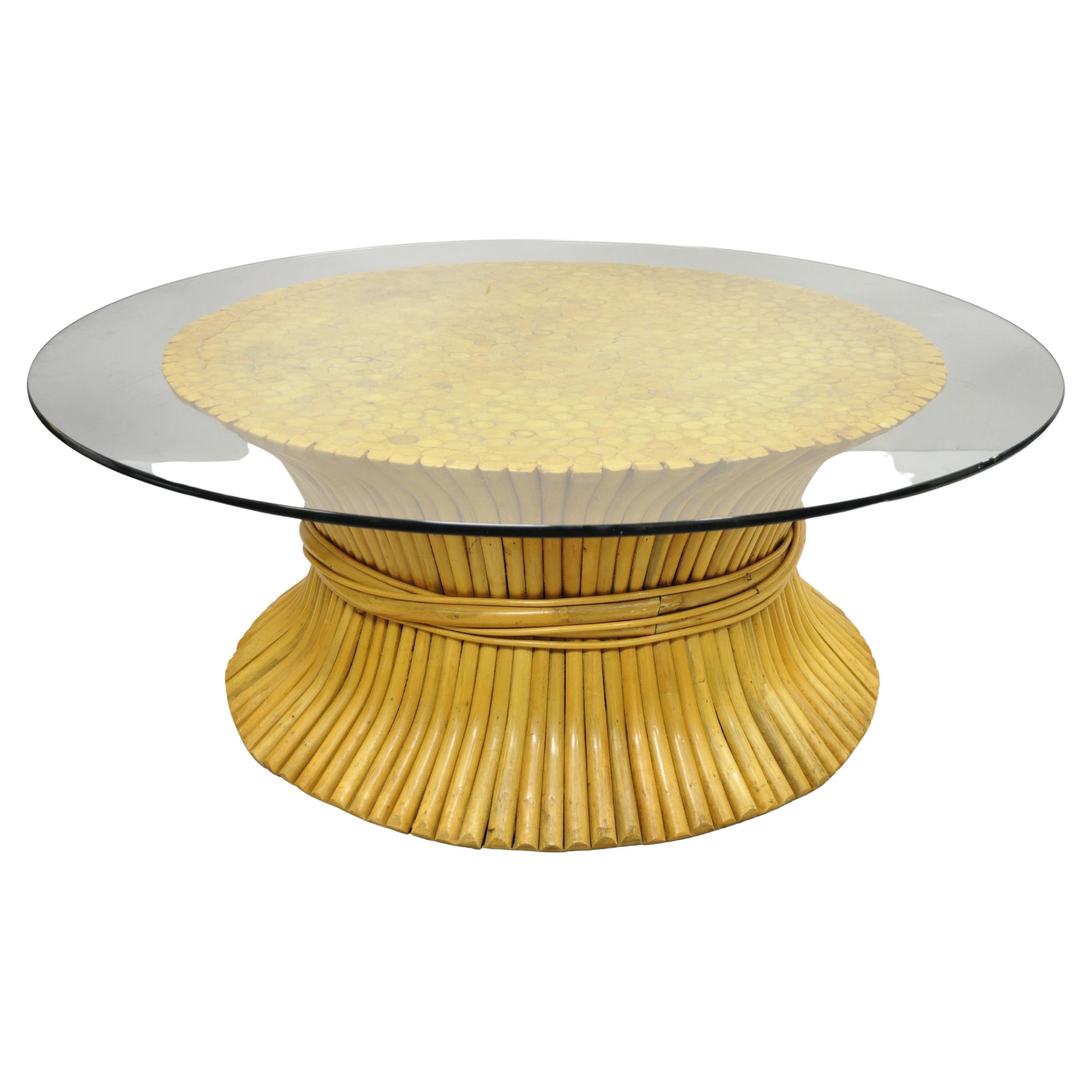 McGuire Style Sheaf of Wheat Bamboo Round Glass Coffee Table For Sale