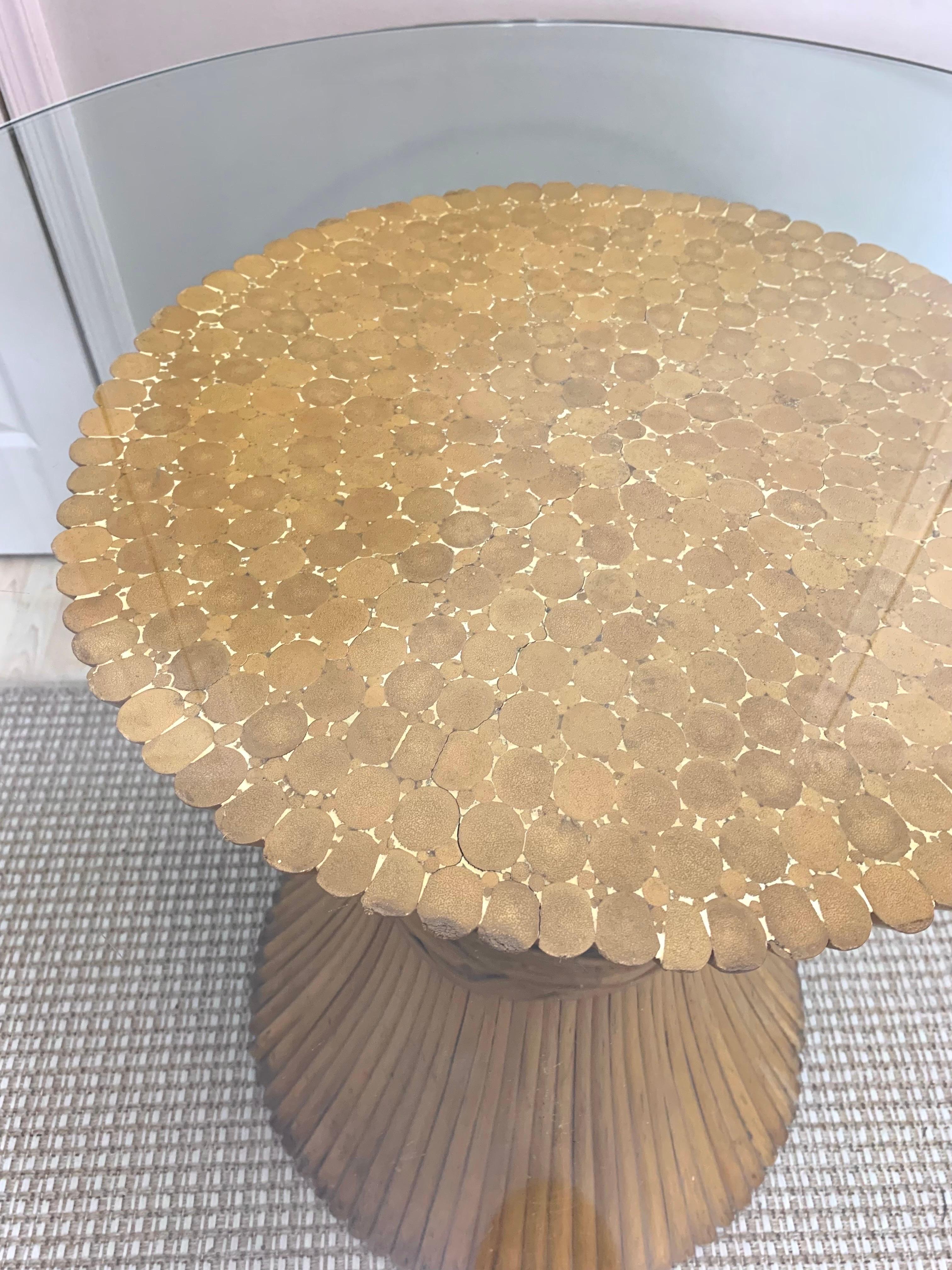Vintage 1970s Mcguire style sheaf of wheat rattan dining table base with glass top. Interesting tied rattan design and braided ring.

Glass top 42” diameter, 1/2” thick 
Overall height 29 5/8”
Base 21.5” diameter.