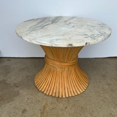 McGuire Style Sheaf Wheat Round Side Table with Marble Top
