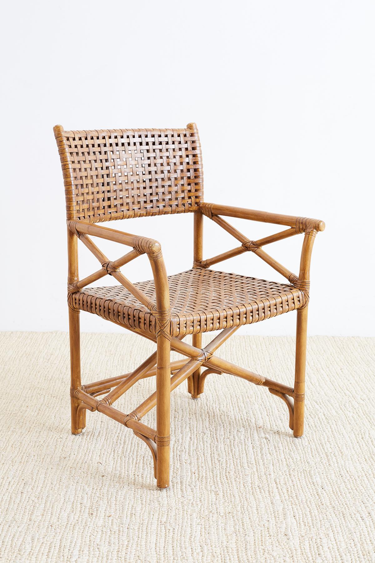 20th Century McGuire Style Woven Leather Rattan Dining Chairs