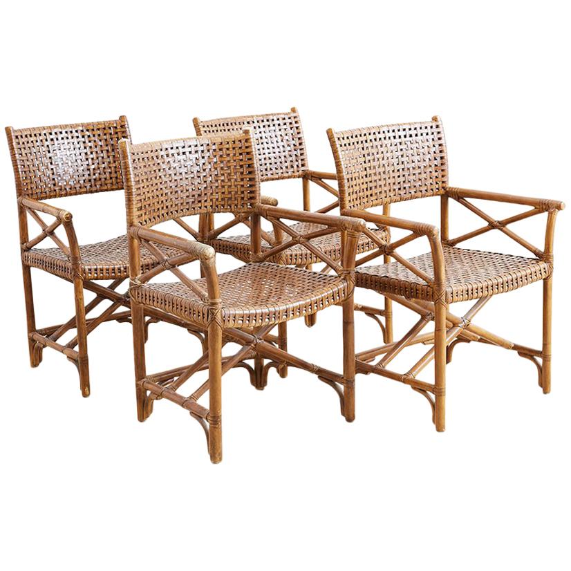 McGuire Style Woven Leather Rattan Dining Chairs