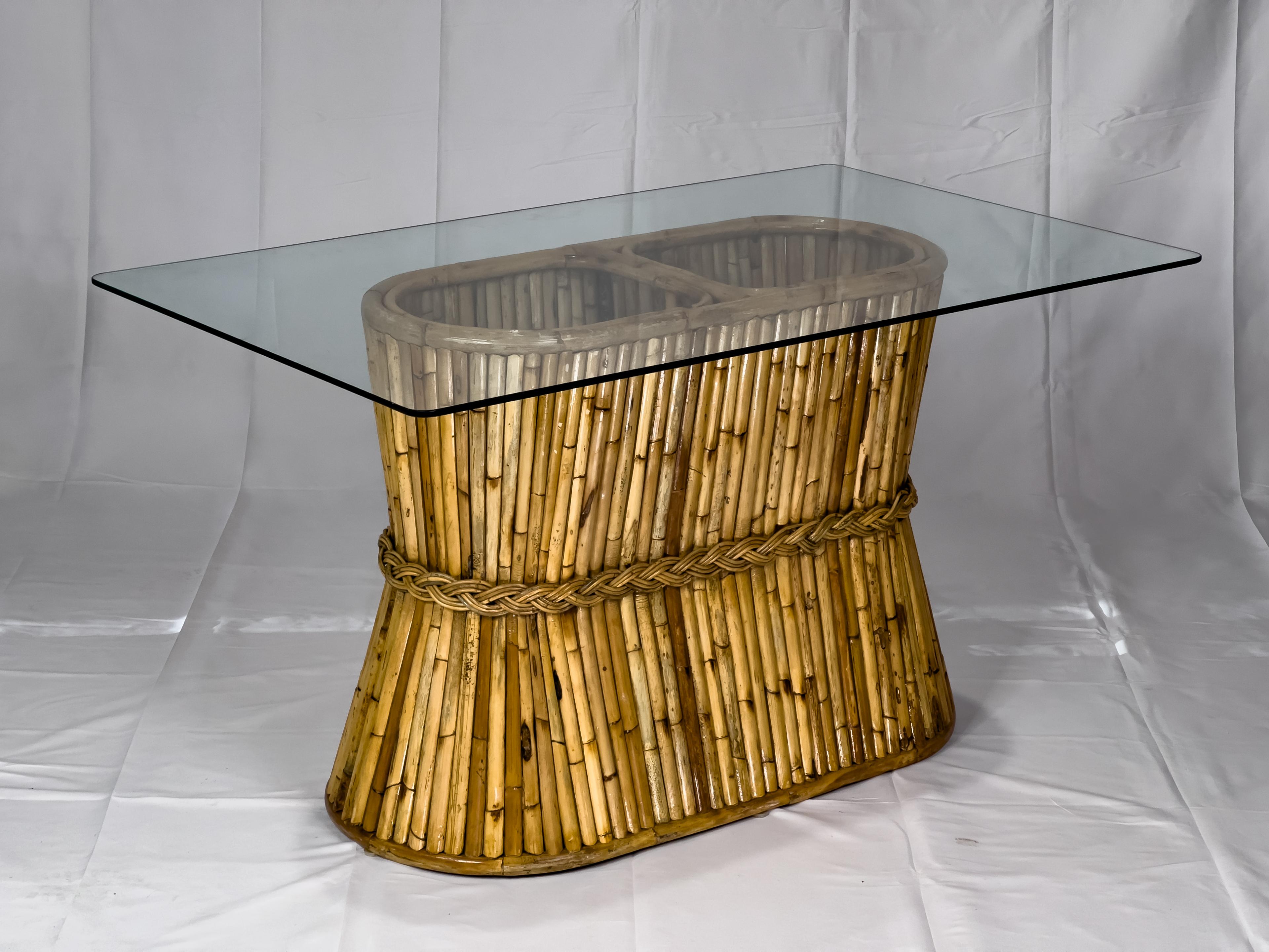 Hand-Woven McGuire Table and Chair Set with Cracked Ice Pattern