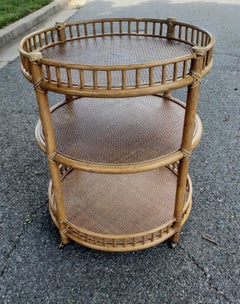 McGuire Carrello da bar a tre piani in rattan naturale, bambù e pelle