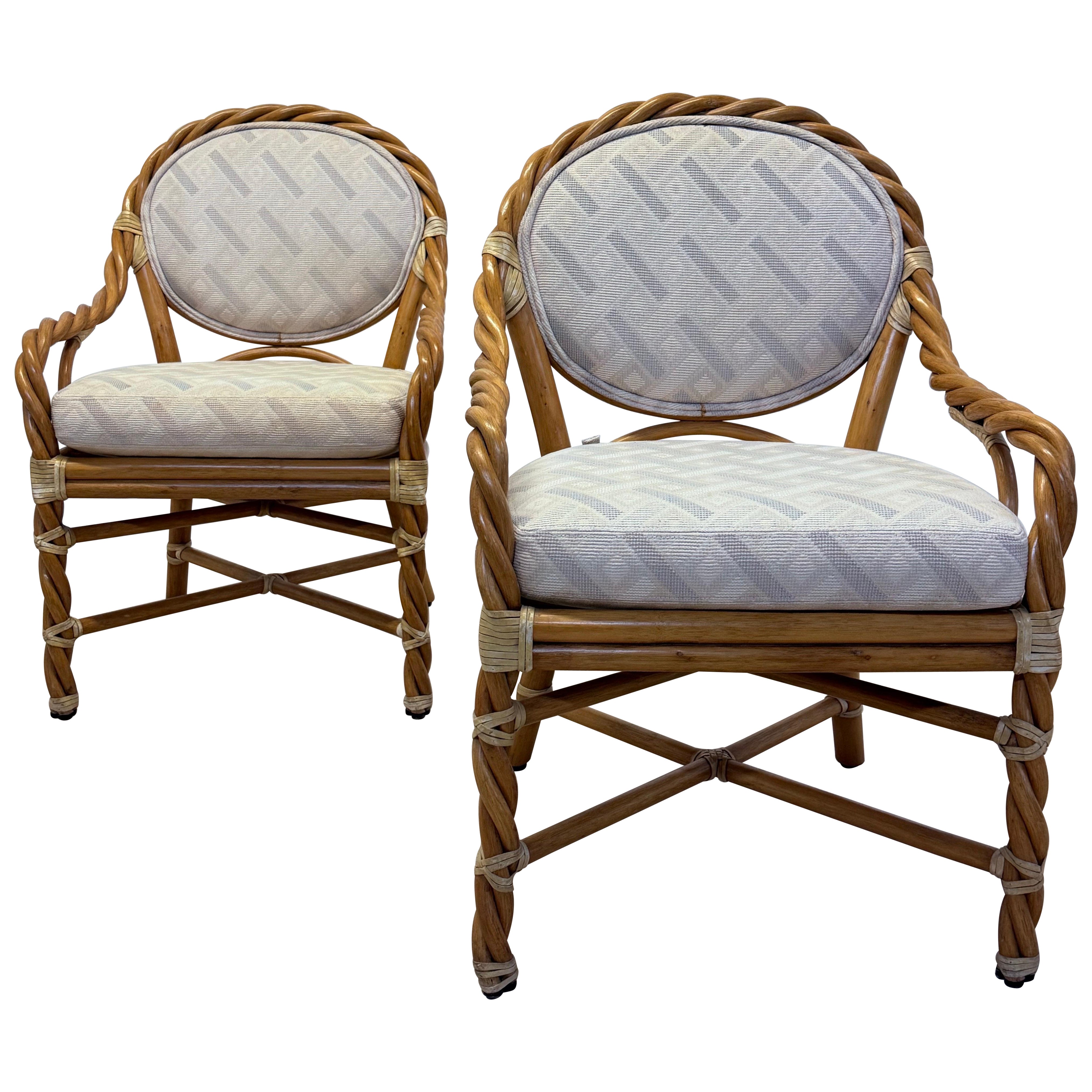 McGuire Twisted Rattan Occasional Chairs With Cushioned Seats - A Pair For Sale