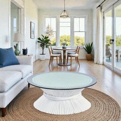 McGuire Wheat Sheaf Coffee Table, White Rattan & Glass, Mid-Century