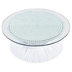 McGuire Wheat Sheaf Coffee Table, White Rattan & Glass, Mid-Century