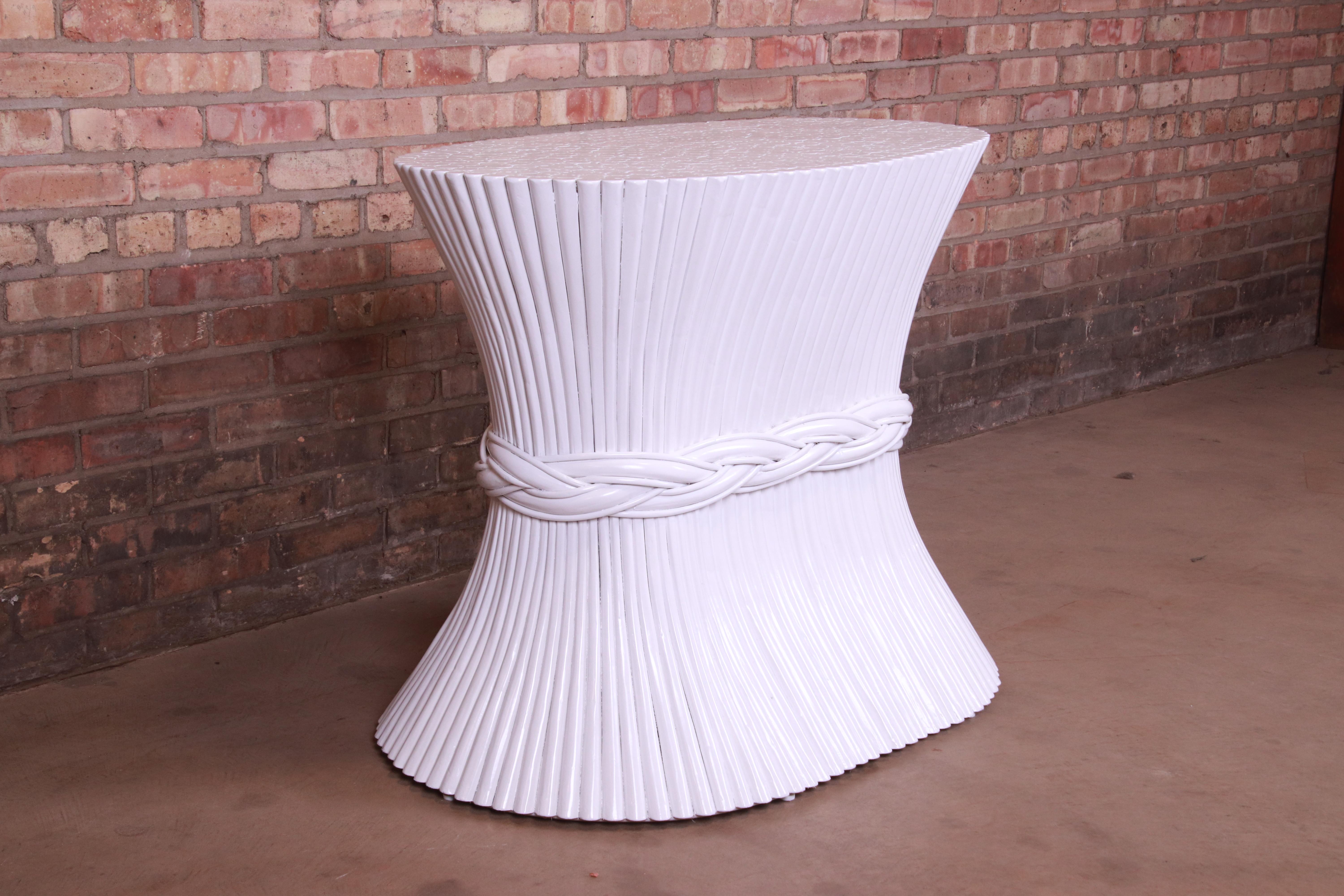 McGuire White Lacquered Sheaf of Wheat Dining Table Pedestal Base, Refinished In Good Condition In South Bend, IN
