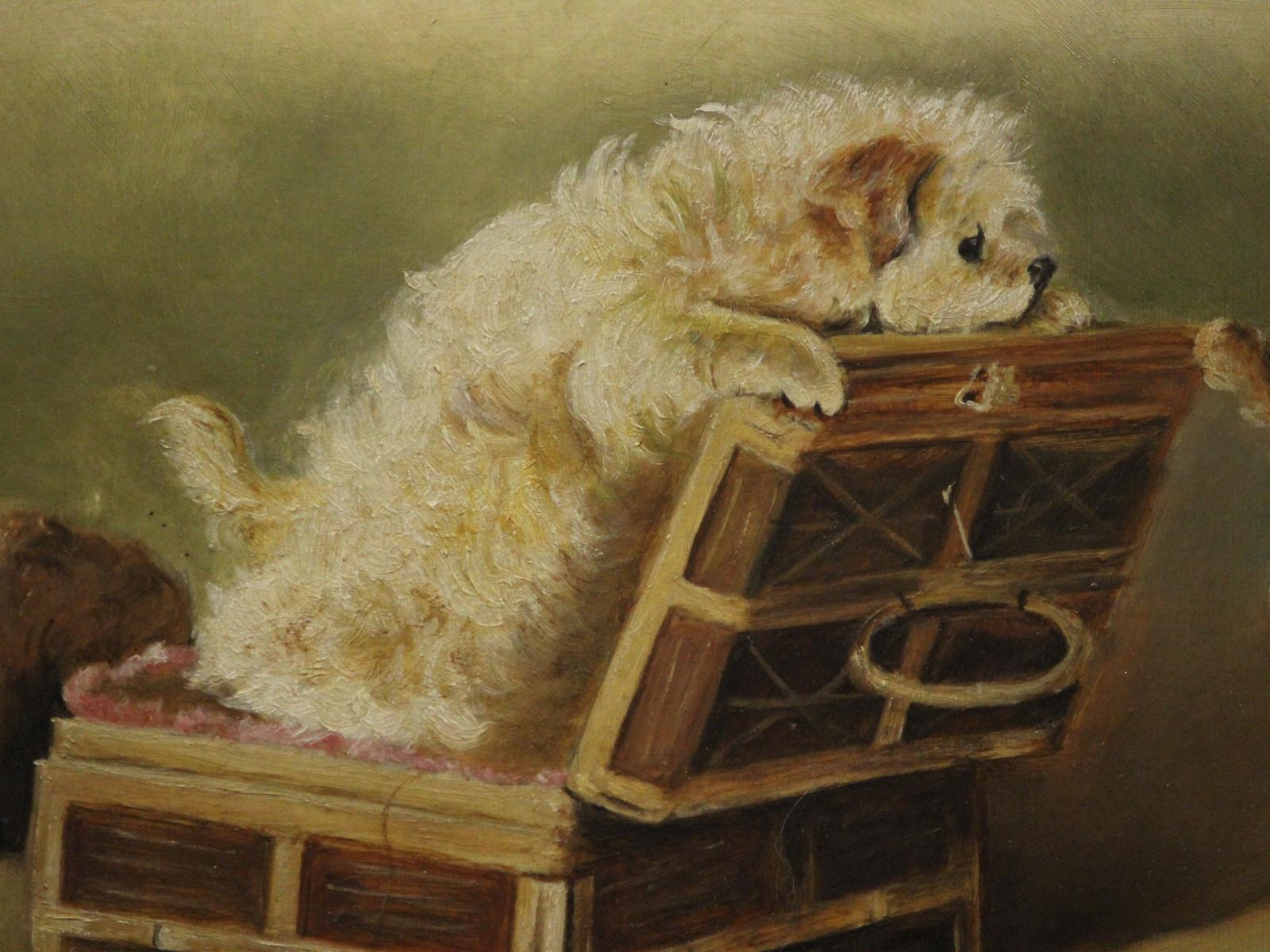 Charming oil on board (signed MCH) depicting a trio of terrier puppies playing

Art Sz: 9
