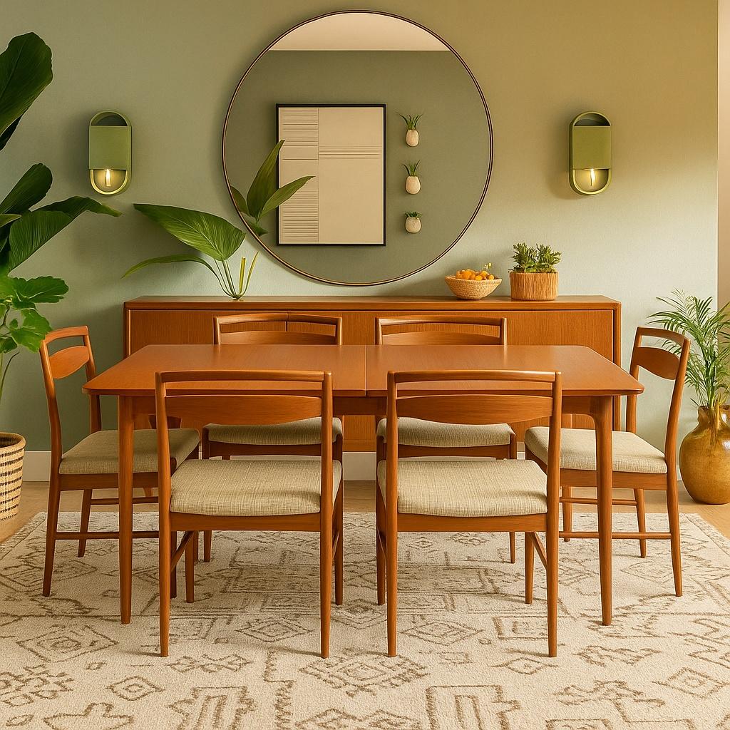 Discover the timeless elegance of this Set of Six Vintage Mid-Century McIntosh Teak Dining Chairs, a striking example of vintage mid-century modern design. Crafted by renowned Scottish designer Tom Robertson for McIntosh, these collectable dining