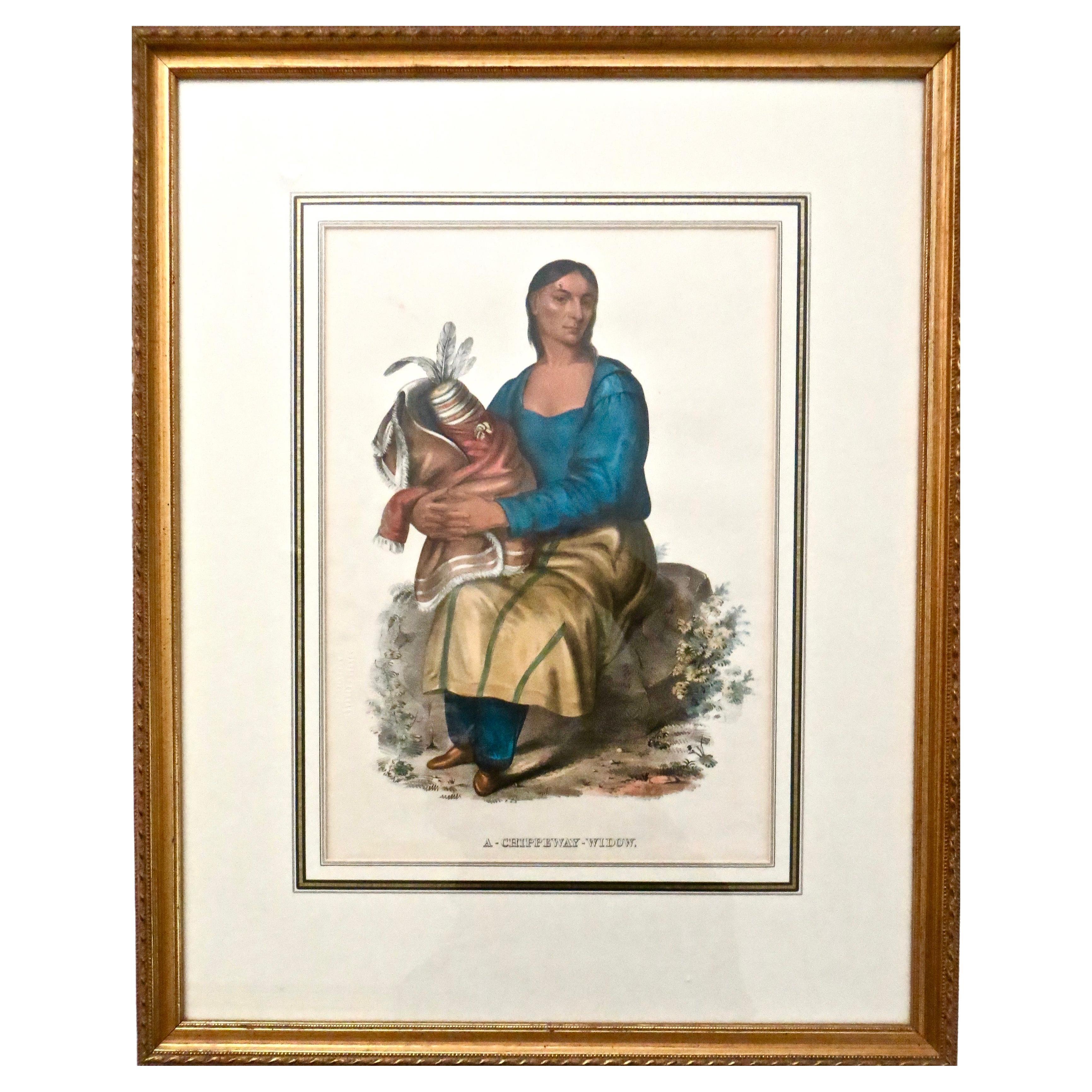 McKenney and Hall Hand-Painted Lithograph "Chippeway Widow", circa 1837 For Sale