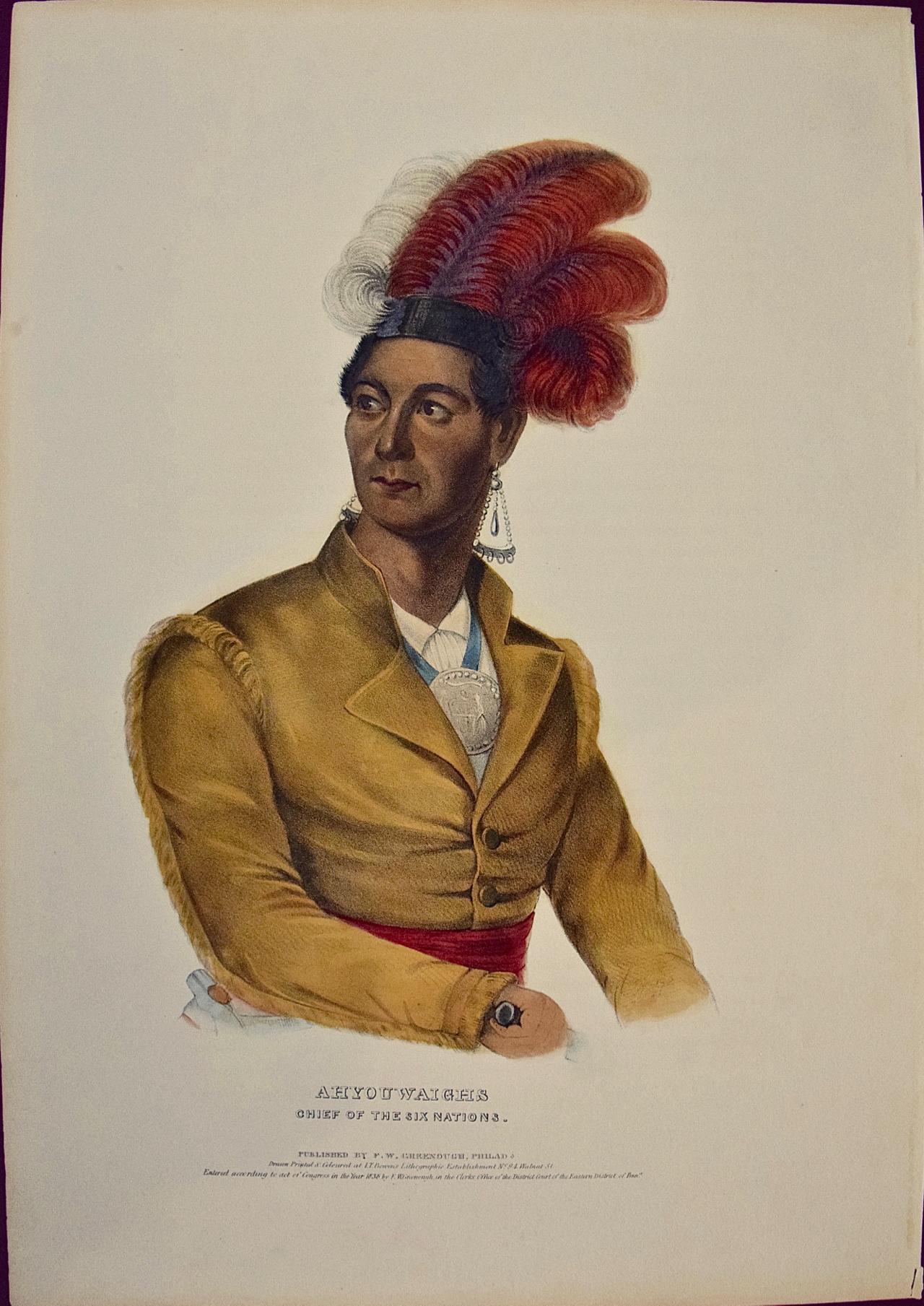 McKenney & Hall Print - Ahyouwaighs, Chief of Six Nations: Hand-colored McKenney Folio-sized Lithograph