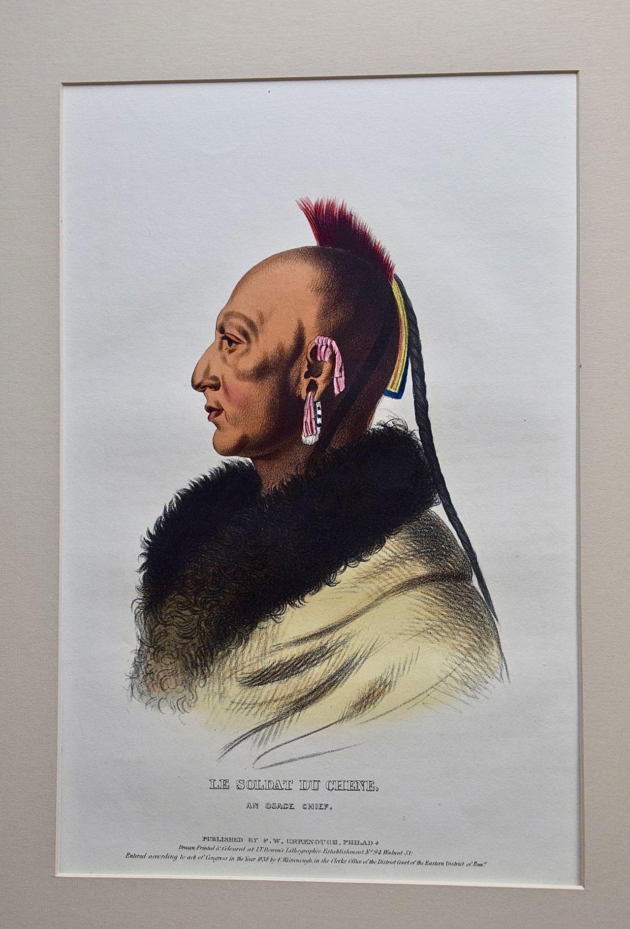 McKenney & Hall Portrait Print - Le Soldat Du Chene, Osage Chief: Hand Colored McKenney Folio-sized Lithograph