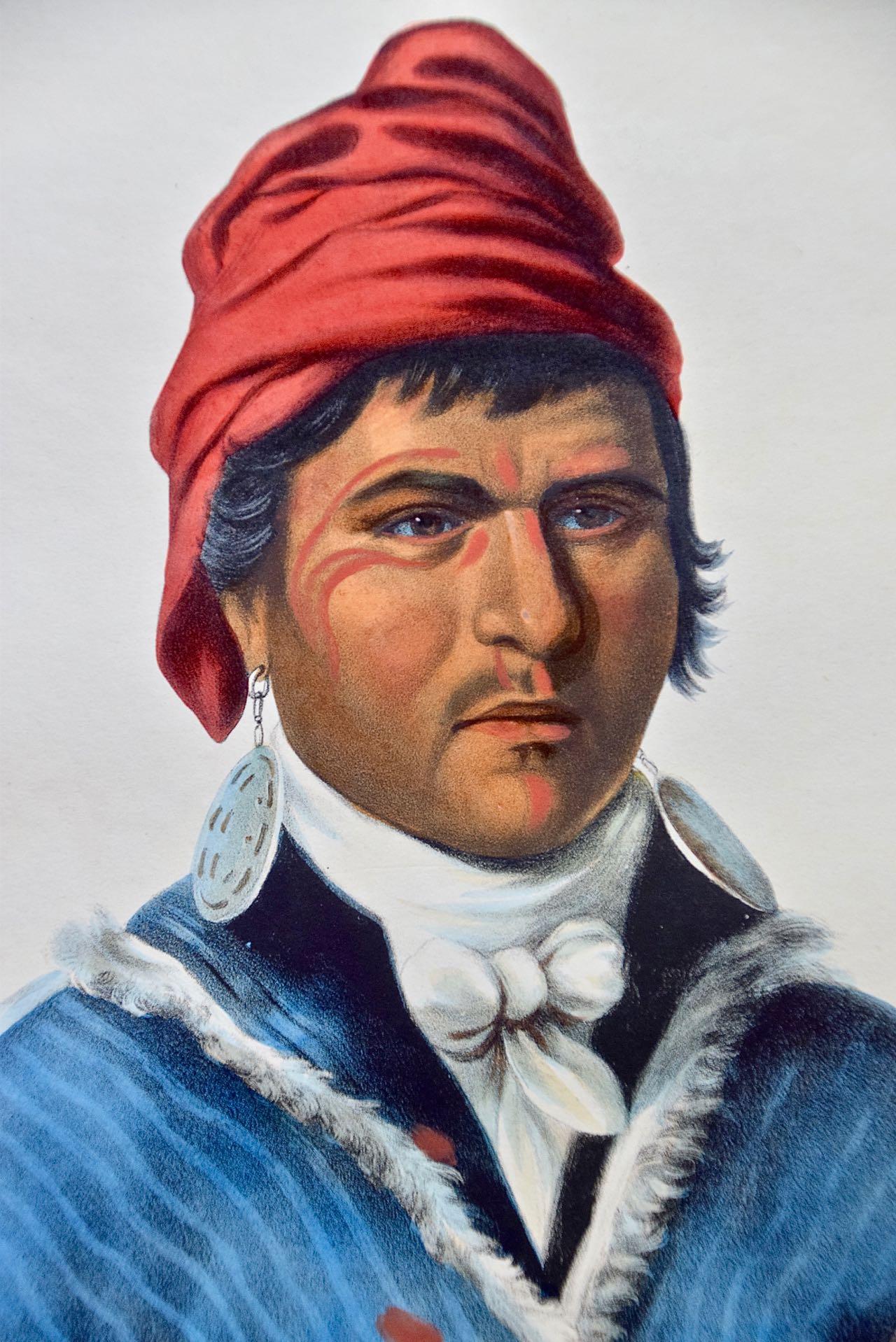 An original 19th century hand-colored folio-size McKenney and Hall lithograph of a Native American entitled 