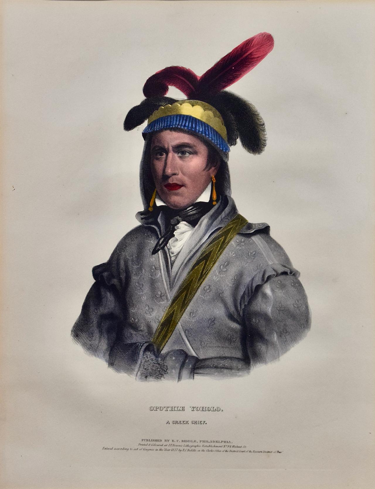 Opothe Yoholo, A Creek Chief: Hand-colored McKenney Folio-sized Lithograph - Print by McKenney & Hall
