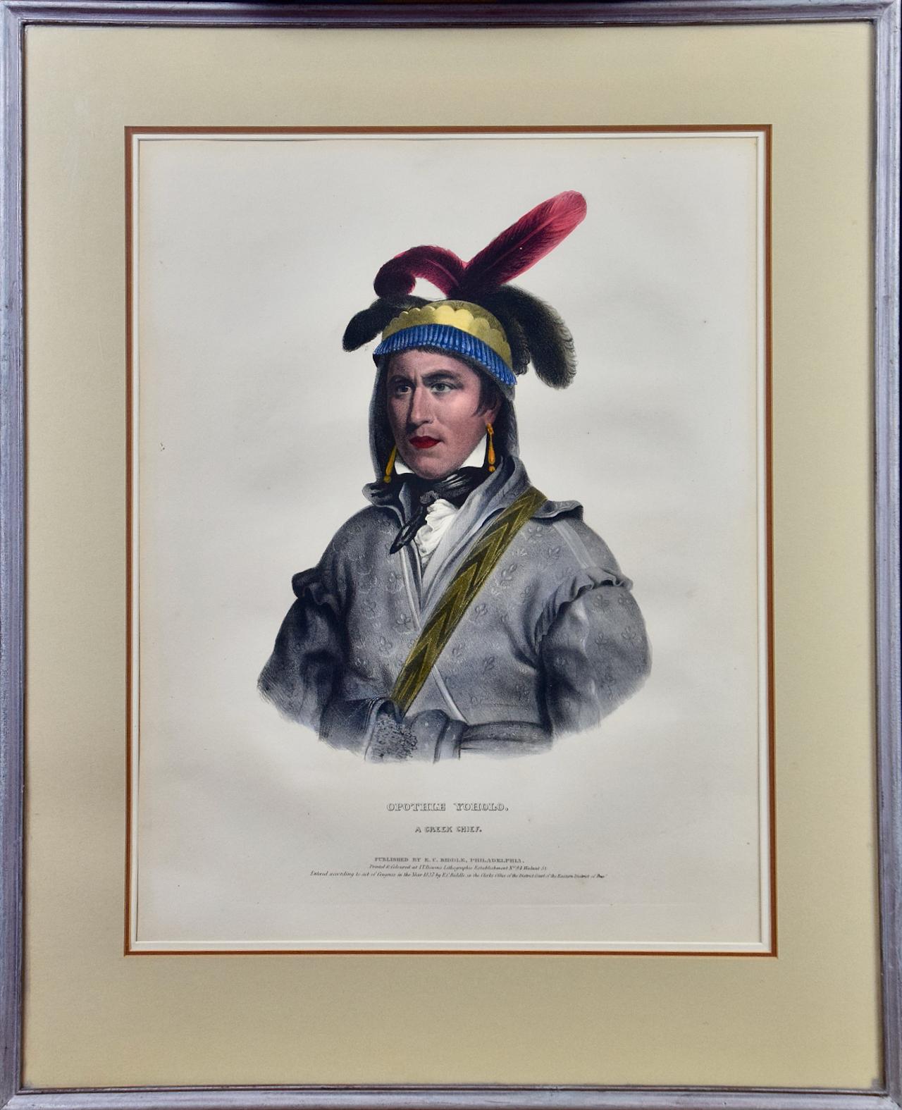 McKenney & Hall Print - Opothe Yoholo, A Creek Chief: Hand-colored McKenney Folio-sized Lithograph