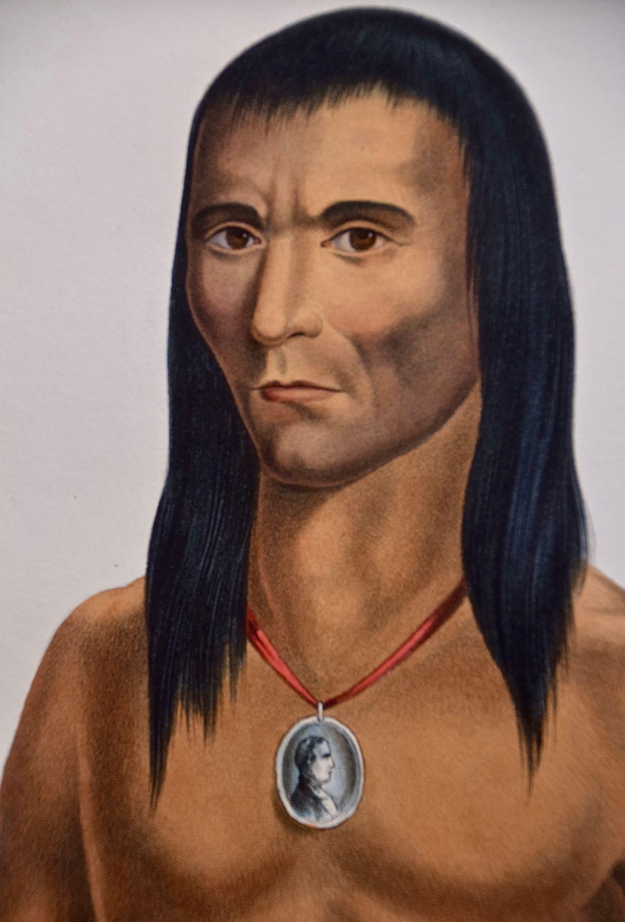 An original 19th century hand-colored folio-size McKenney and Hall lithograph of a Native American entitled 