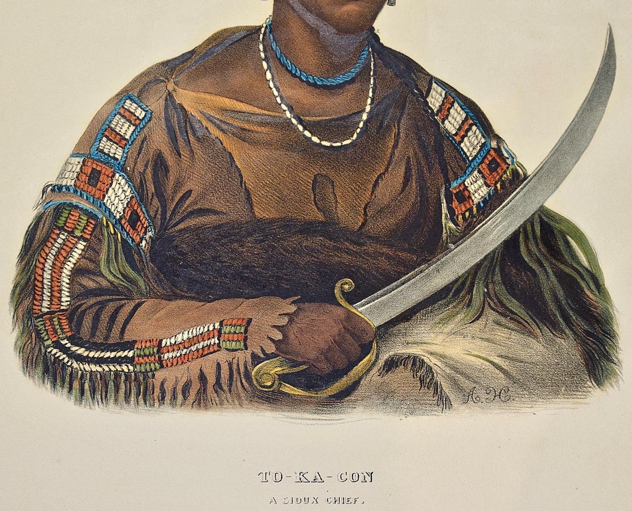 This is an original 19th century hand-colored folio-size McKenney and Hall engraving of a Native American entitled 