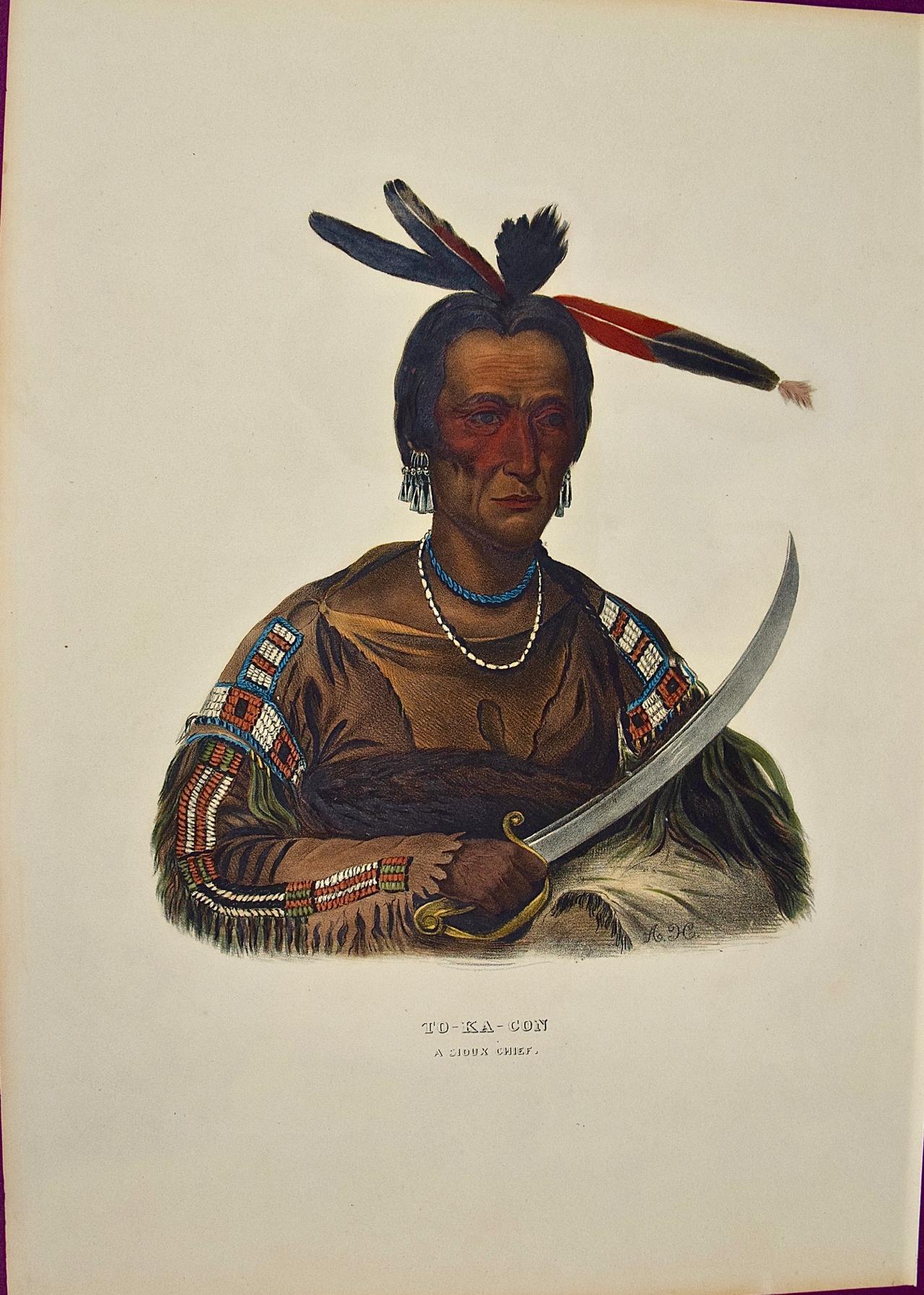 To-Ka-Con, A Sioux Chief: Hand-colored McKenney & Hall Folio-sized Lithograph