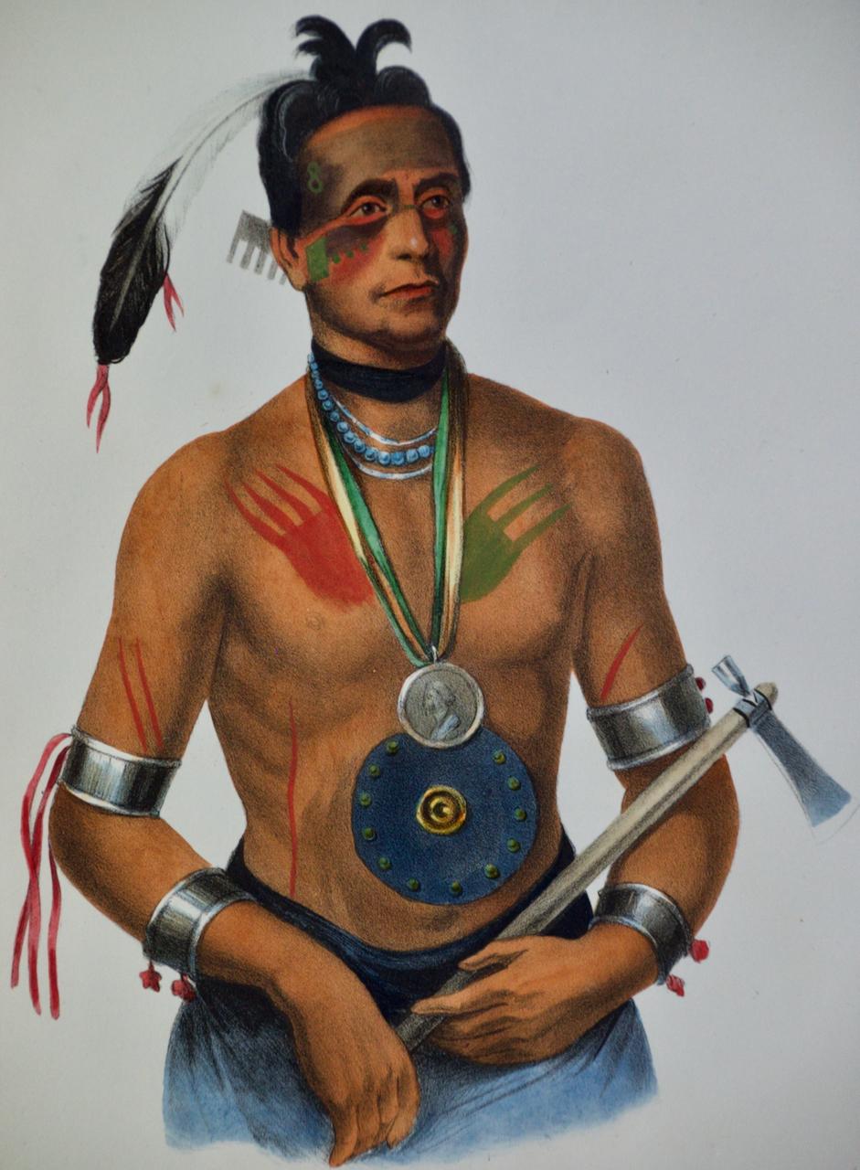 Hoo-Wan-Ne-Ka, chef de Winnebago : lithographie originale colorée à la main de McKenney & Hall en vente 2