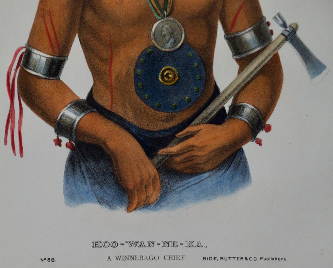Hoo-Wan-Ne-Ka, chef de Winnebago : lithographie originale colorée à la main de McKenney & Hall en vente 4