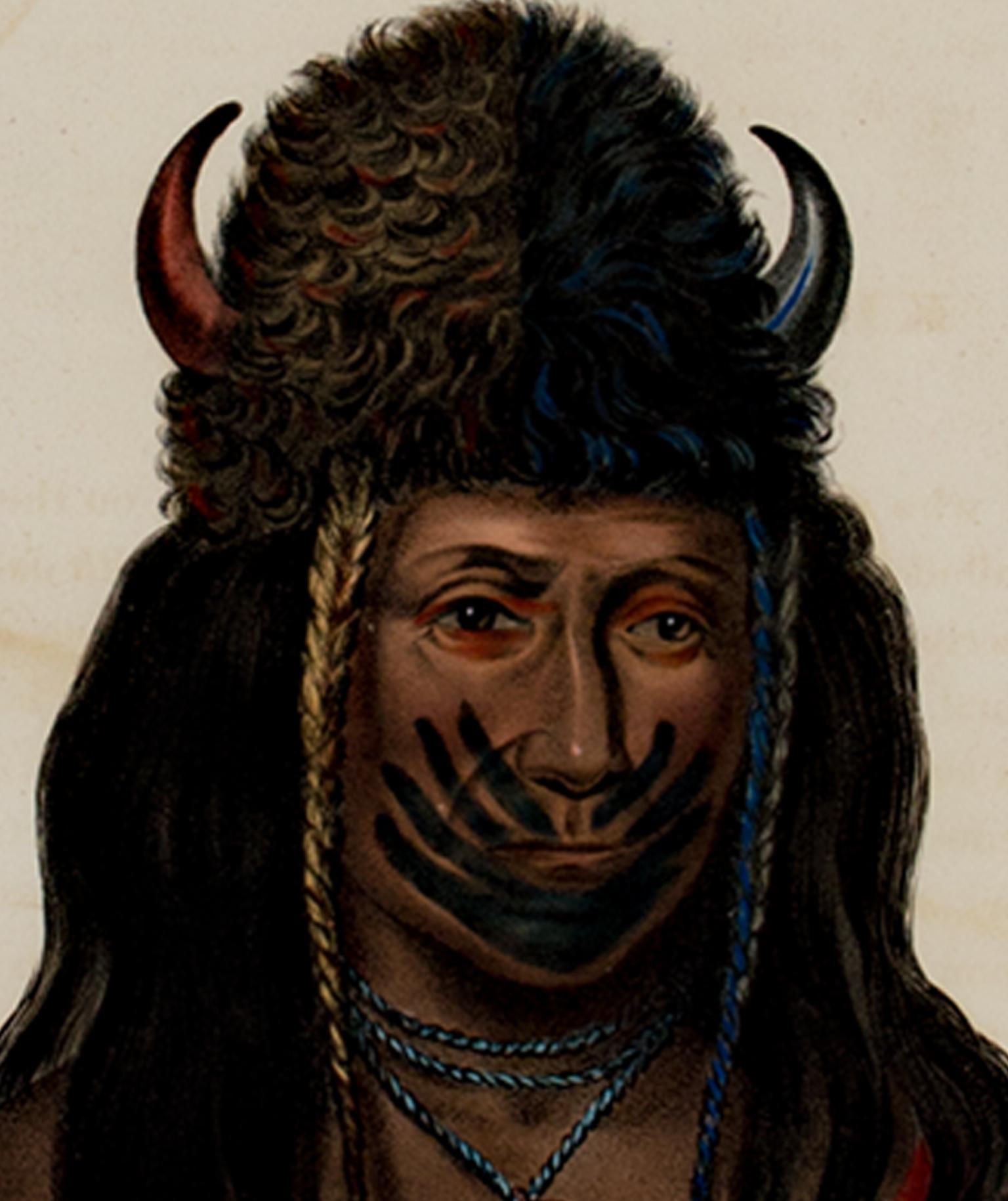 Farblithographie des 19. Jahrhunderts, indigene Porträtfigur, Federn, Bisonrot, Bisonrot – Print von McKenney & Hall