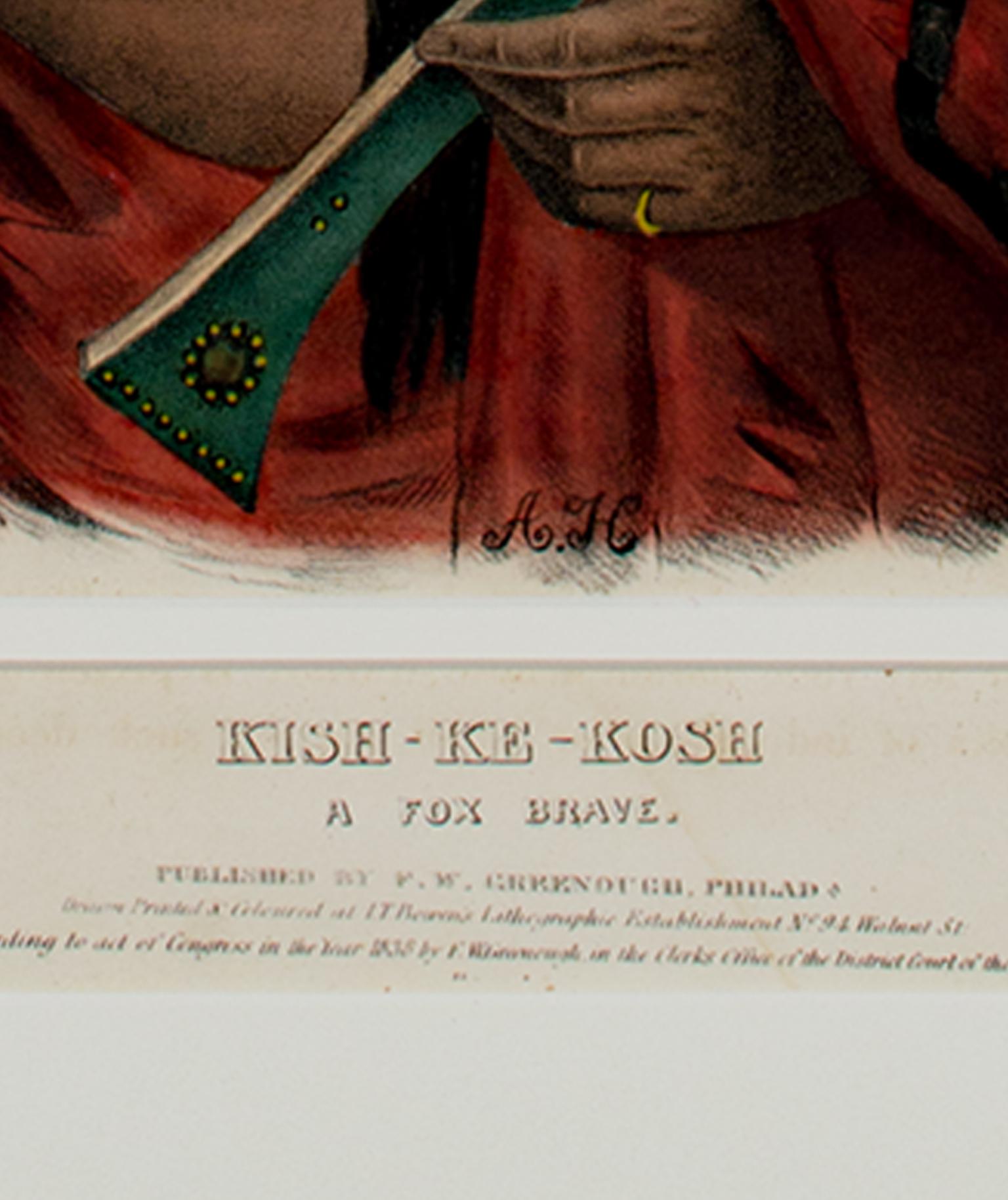 Farblithographie des 19. Jahrhunderts, indigene Porträtfigur, Federn, Bisonrot, Bisonrot (Akademisch), Print, von McKenney & Hall