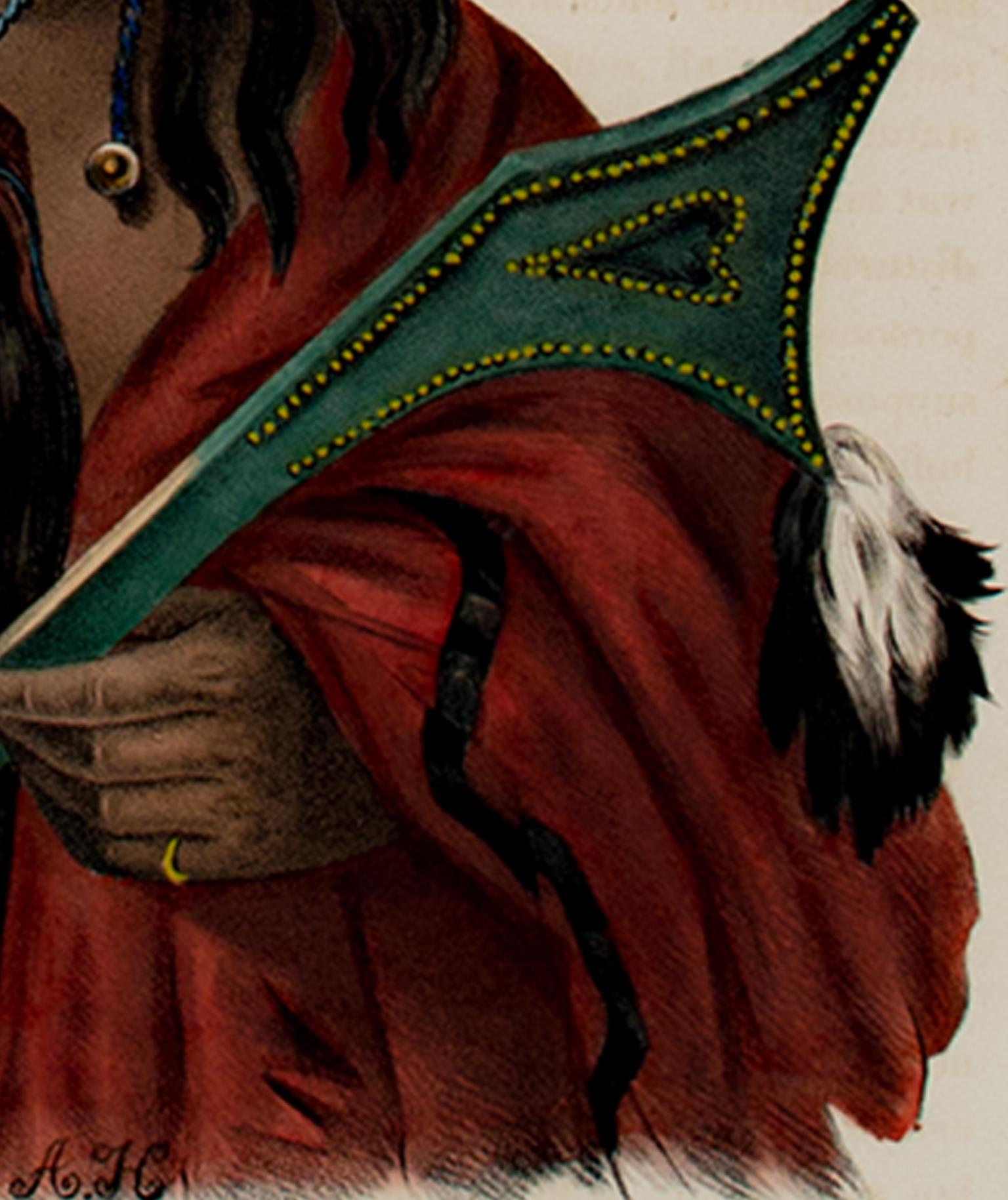 Farblithographie des 19. Jahrhunderts, indigene Porträtfigur, Federn, Bisonrot, Bisonrot (Beige), Portrait Print, von McKenney & Hall