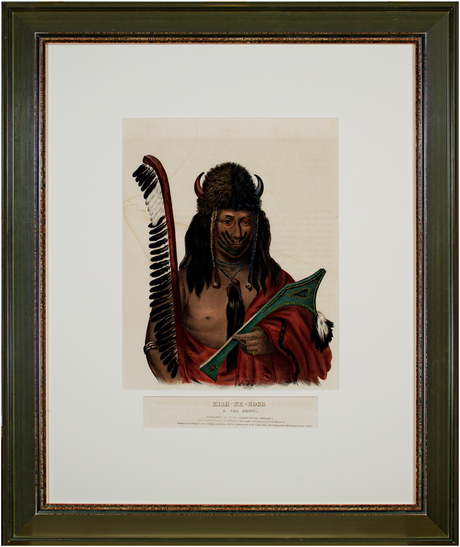 Farblithographie des 19. Jahrhunderts, indigene Porträtfigur, Federn, Bisonrot, Bisonrot im Angebot 1