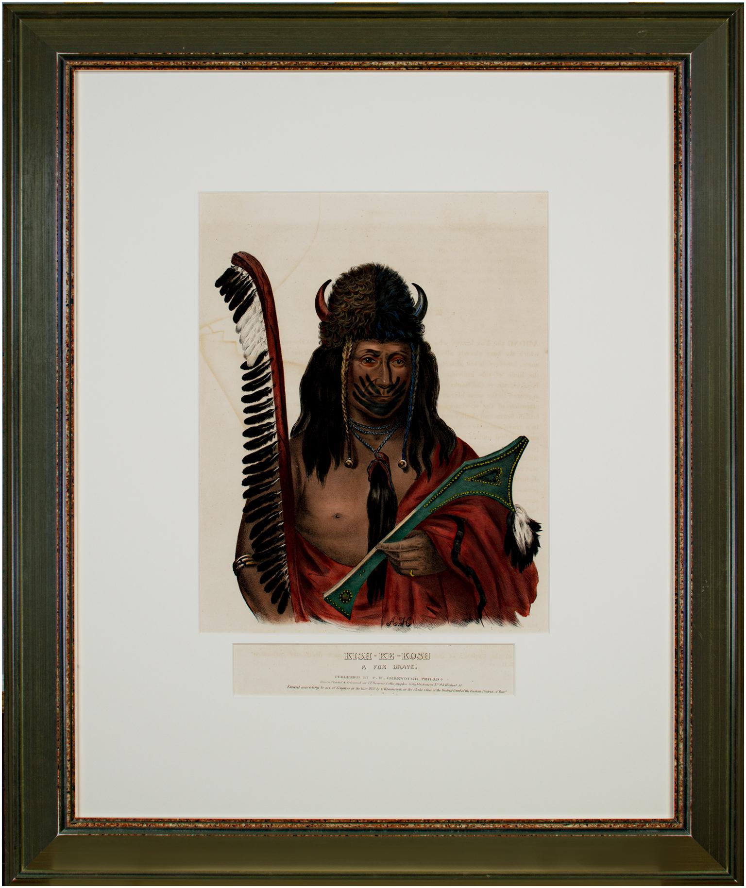 litografía en color del siglo xix retrato indígena figura plumas bisonte rojo en venta 1