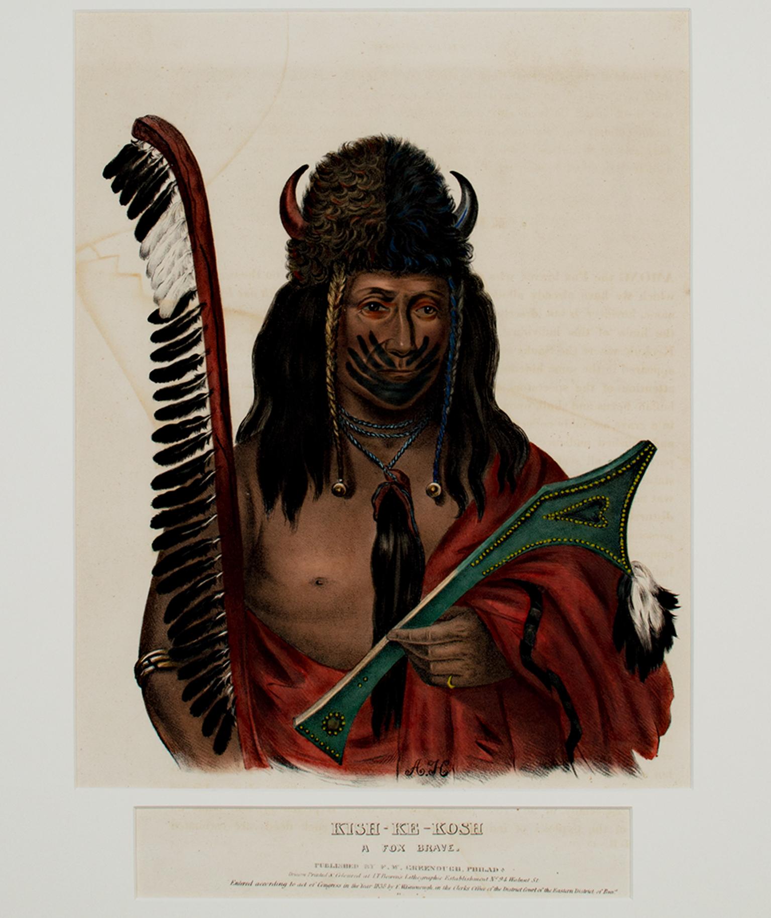 McKenney & Hall Portrait Print – Farblithographie des 19. Jahrhunderts, indigene Porträtfigur, Federn, Bisonrot, Bisonrot