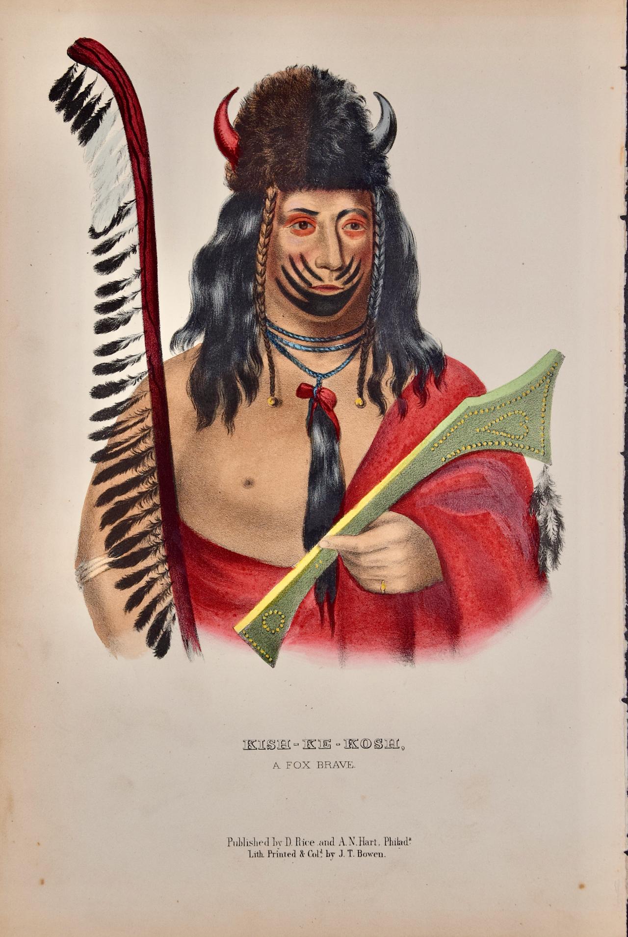 Kish-Ke-Kosh, Fox Brave : Lithographie originale colorée à la main de McKenney & Hall