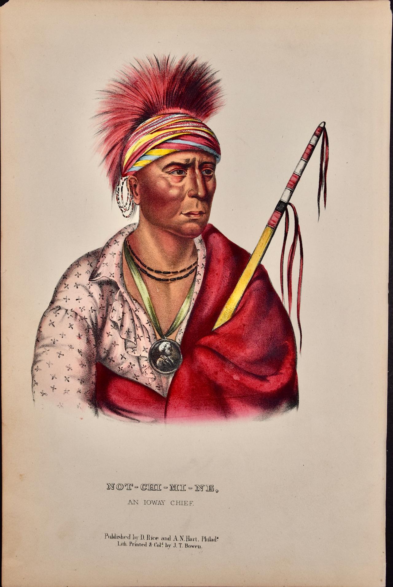 This is an original 19th century hand-colored McKenney and Hall lithograph of a Native American entitled "Not-Chi-Mi-Ne, An Ioway Chief ", lithographed by J. T. Bowen after a painting by Charles Bird King and published by Rice and Hart & Co. in
