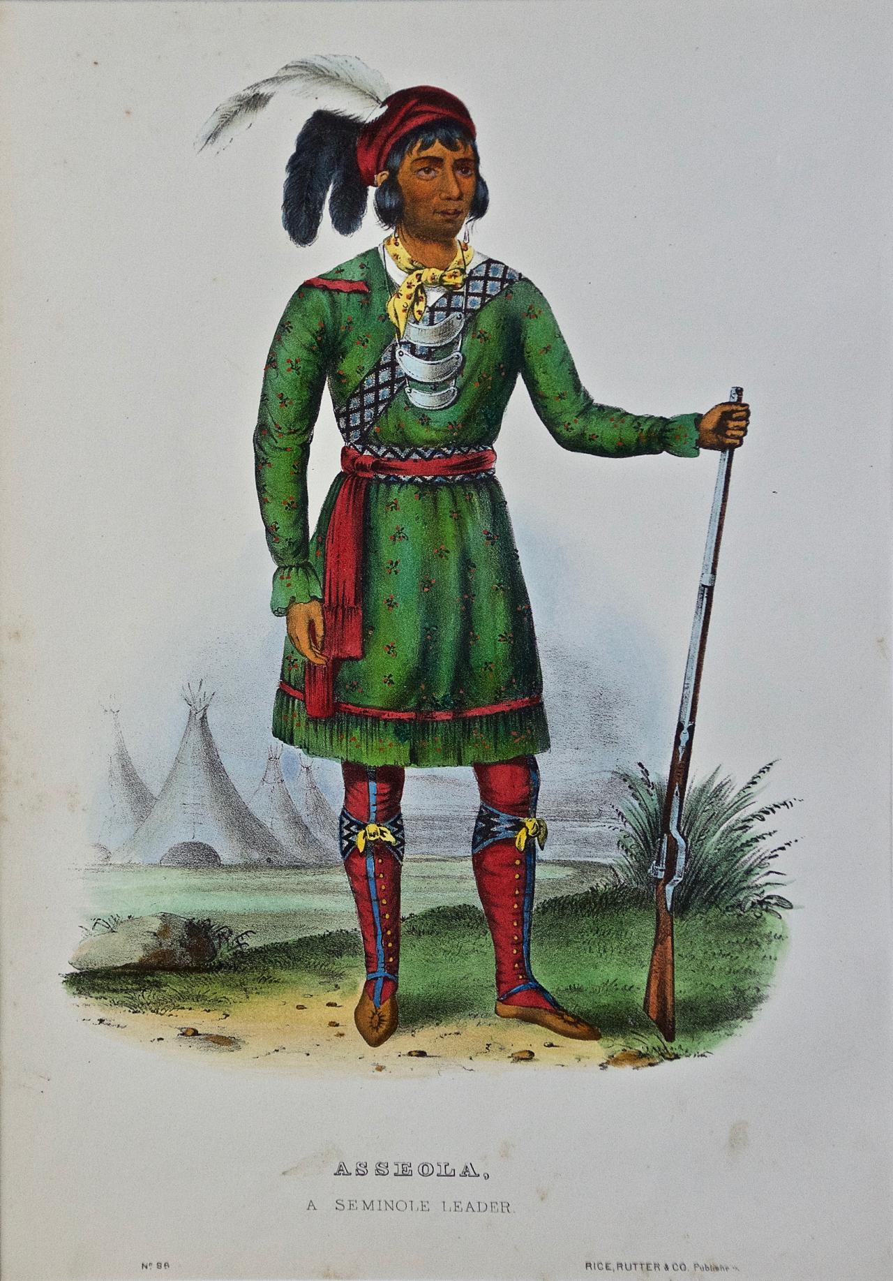 An original 19th century hand colored McKenney and Hall engraving of a Native American entitled "Asseola, A Seminole Leader, No. 56", published by Rice, Rutter & Co. in 1865.

This original McKenney and Hall engraving is presented in a cream colored