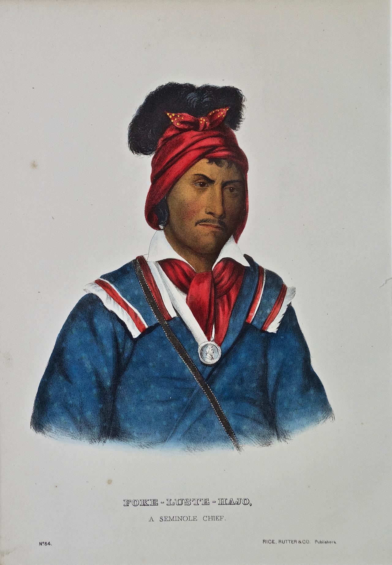 Il s'agit d'une gravure McKenney et Hall originale du 19e siècle, coloriée à la main, représentant un Amérindien et intitulée "Foke-Luste-Hajo, A Seminole Chief, No. 84", publiée par Rice, Rutter & Co. en 1865.

Cette gravure originale de McKenney