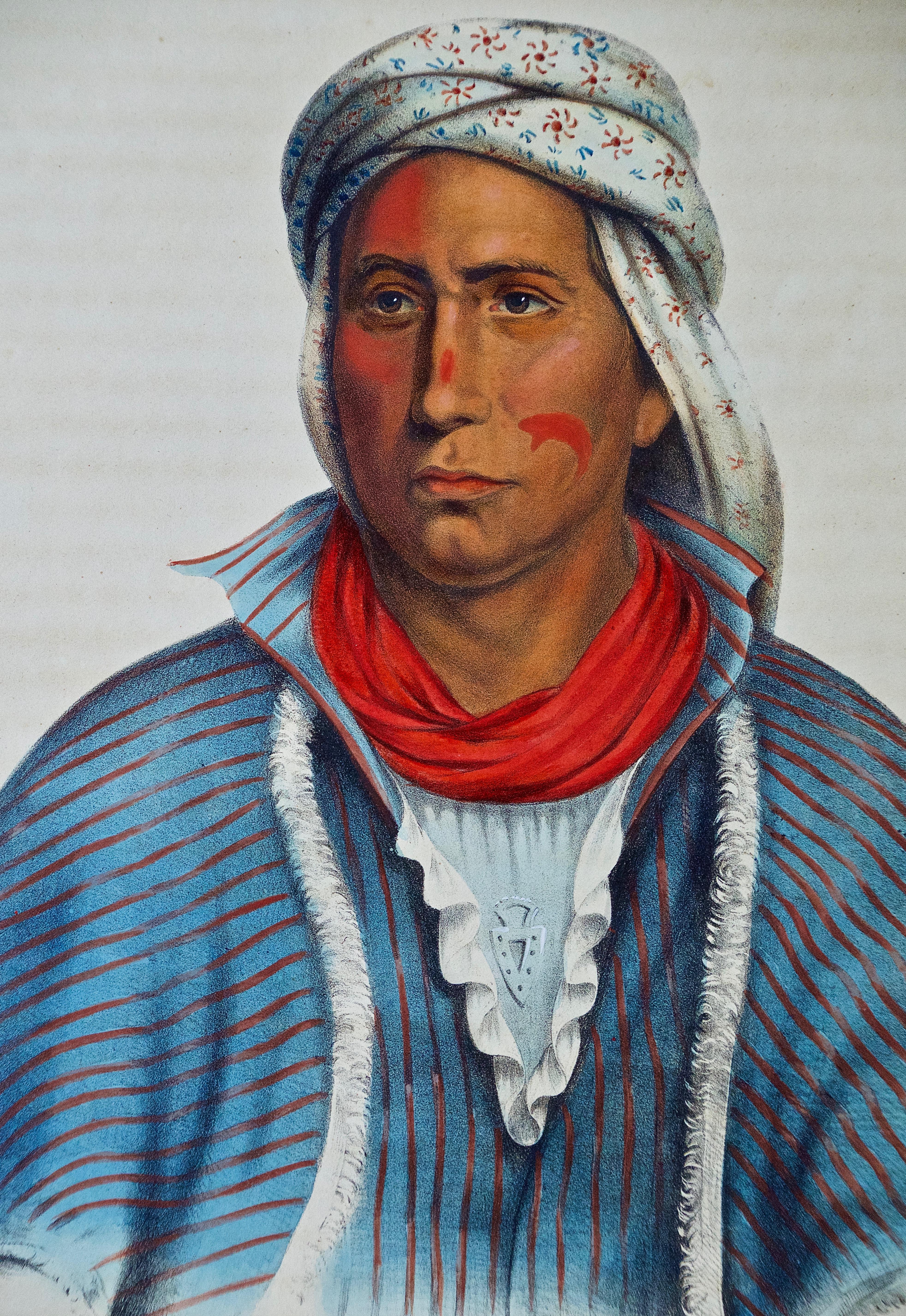 This an original 19th century hand-colored folio-size McKenney and Hall engraving of a Native American entitled 