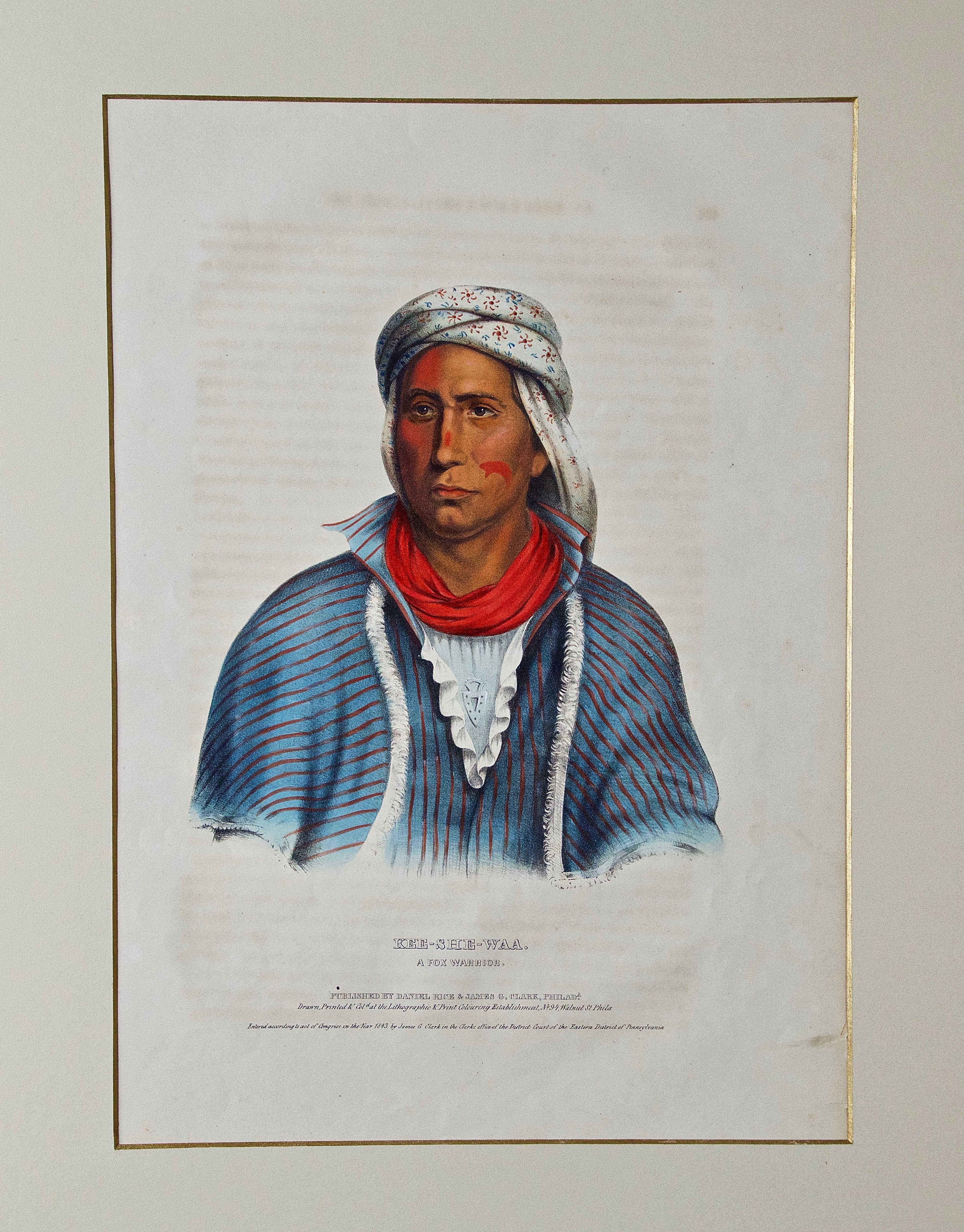 Kee-She-Waa, A Fox Warrior: Hand-colored McKenney & Hall Folio-sized Lithograph