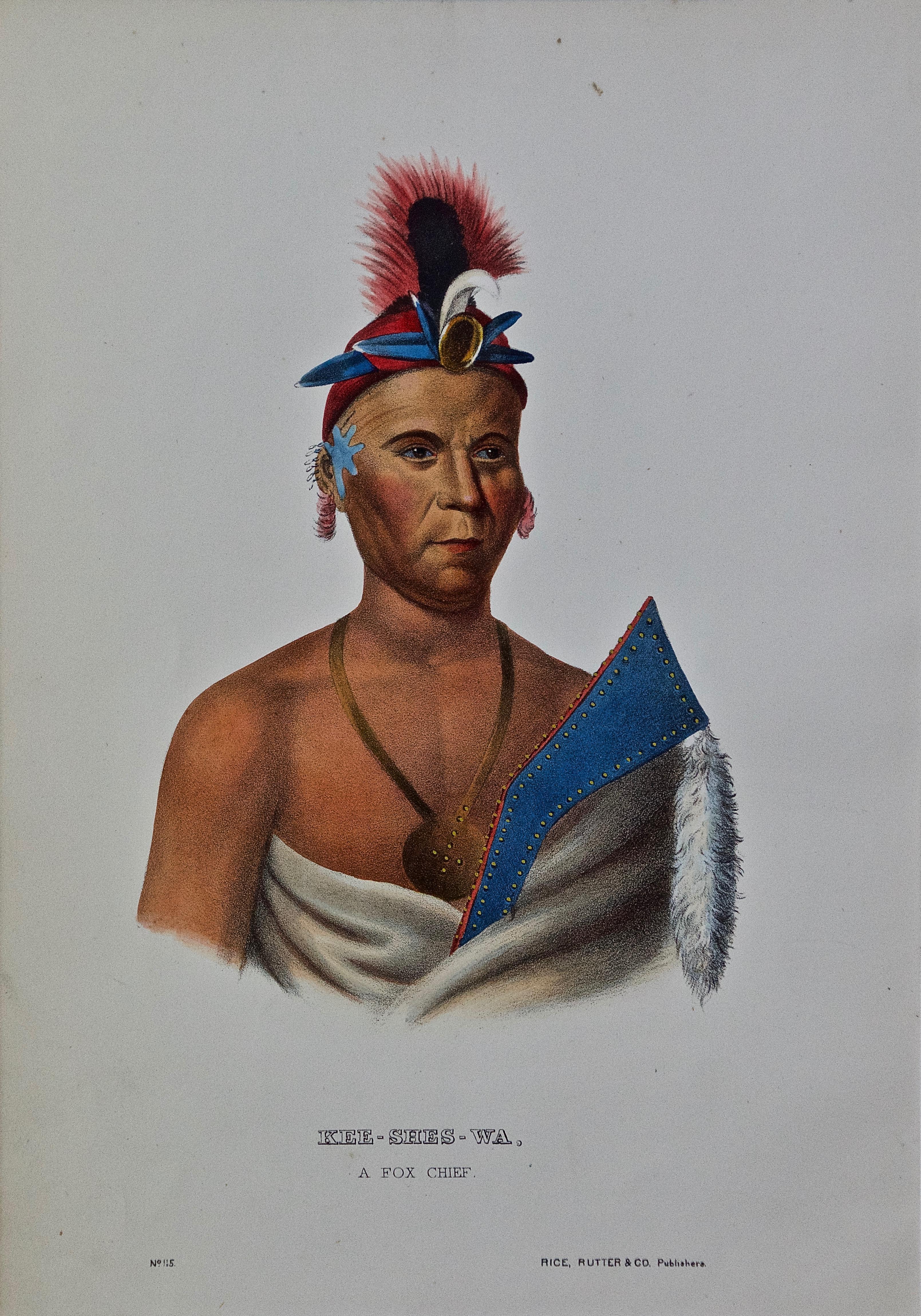 An original 19th century hand colored McKenney and Hall engraving of a Native American entitled "Kee-Shes-Wa, A Fox Chief, No. 115", published by Rice, Rutter & Co. in 1865.

This original McKenney and Hall engraving is presented in a cream colored
