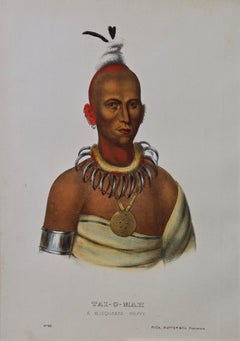 Original Hand-Colored McKenney & Hall Lithograph "Tai-O-Mah, A Musquakee Brave"