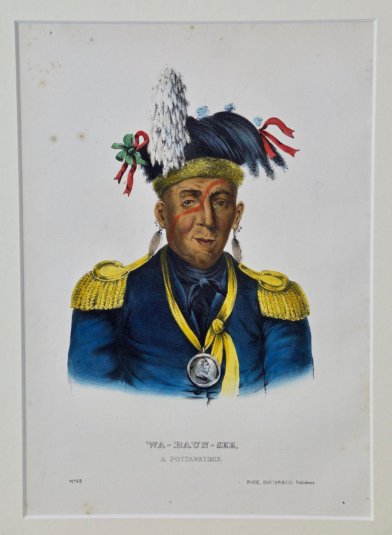 An original 19th century hand colored McKenney and Hall engraving of a Native American entitled "Wa-Baun-See, A Pottawatimie, No. 93", published by Rice, Rutter & Co. in 1865.

This original McKenney and Hall engraving is presented in a cream