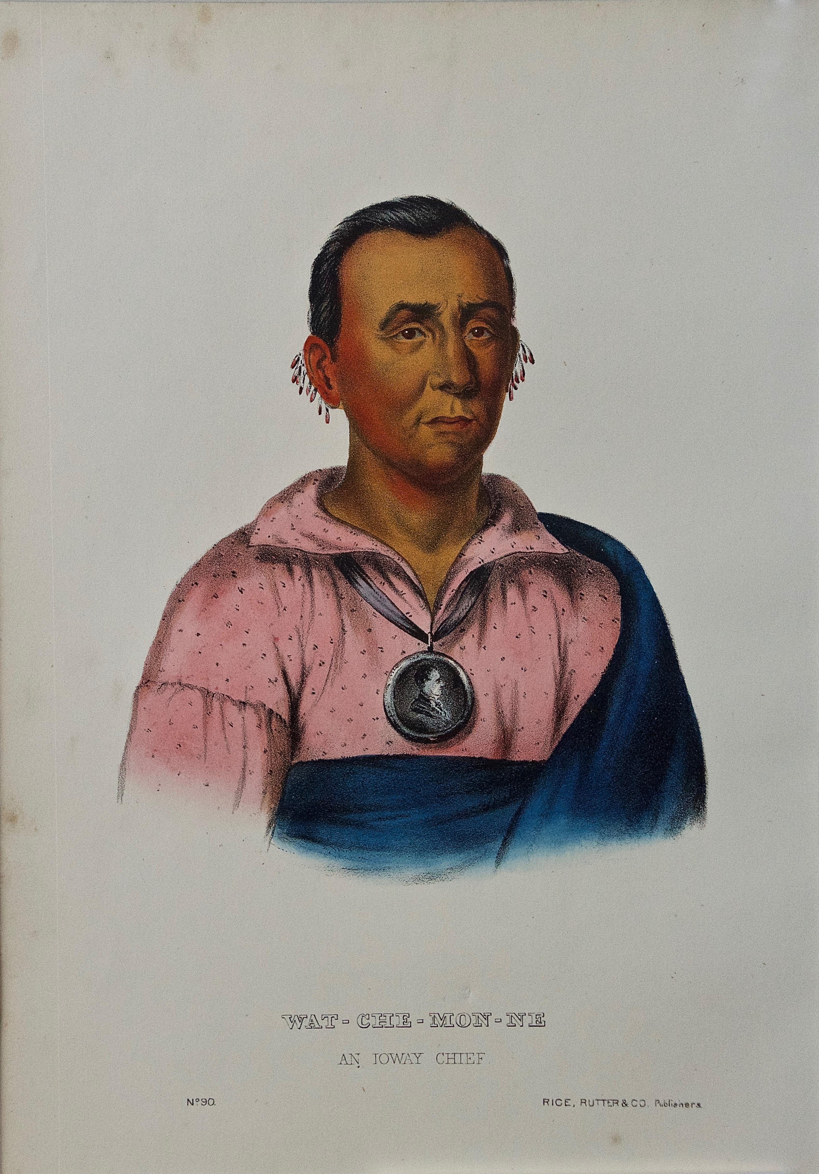 Original Hand Colored McKenney & Hall Lithograph Wat-Che-Mon-Ne, An Ioway Chief