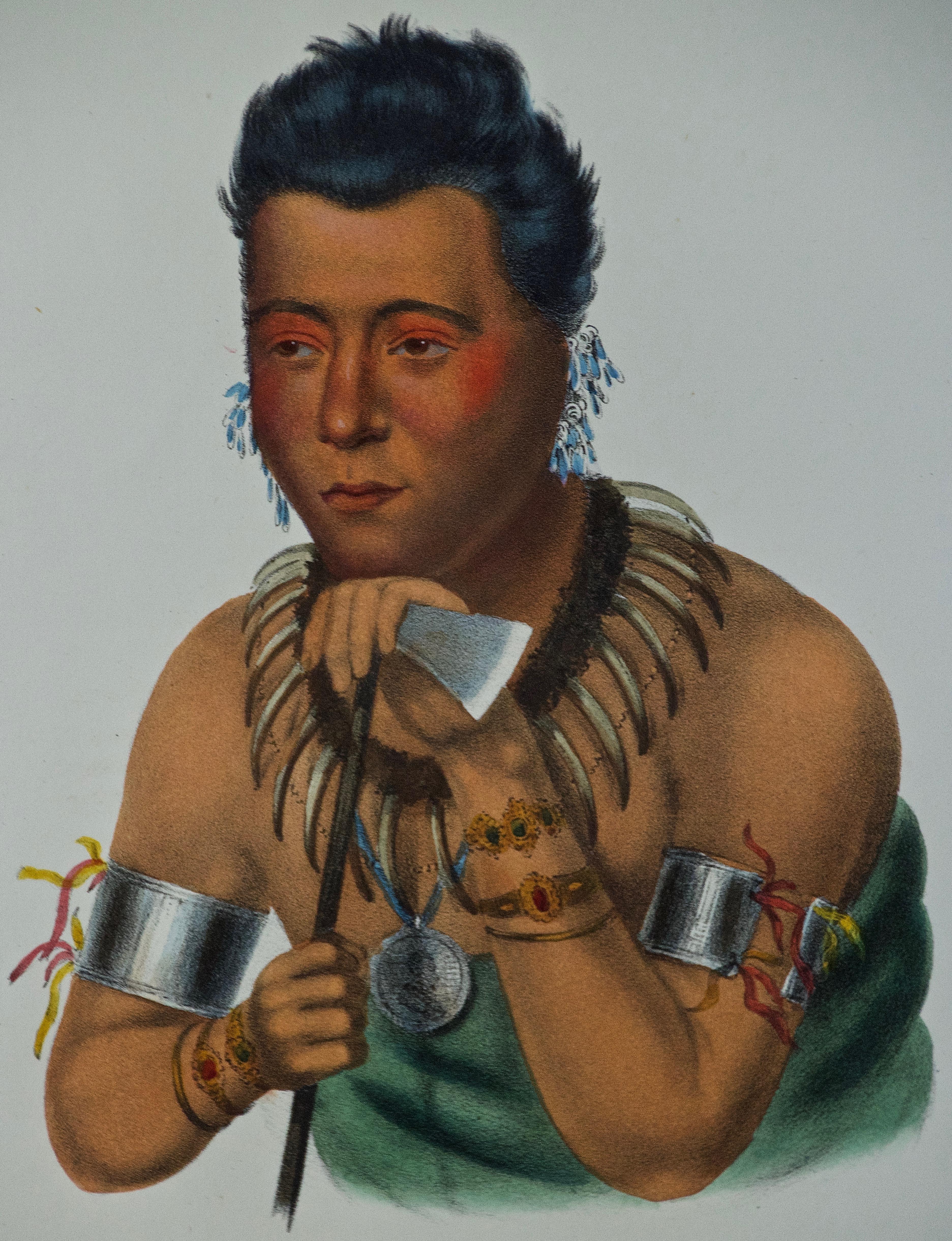 Jeune Mahaskah, chef d'œuvre Ioway : une lithographie originale colorée à la main de McKenney & Hall 1