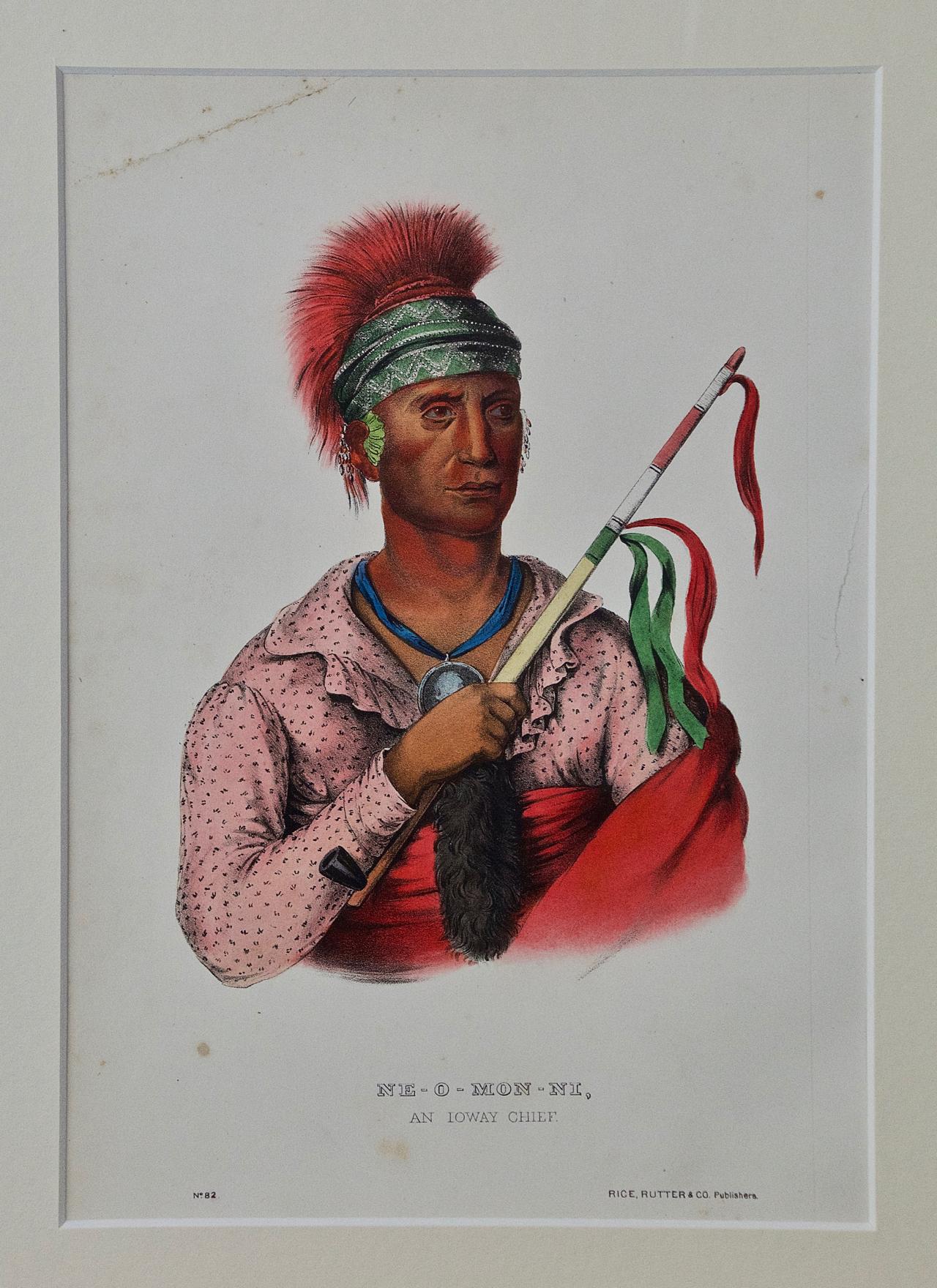 Original Hand Colored McKenney & Hall Lithograph of Ne-O-Mon-Ni, An Ioway Chief
