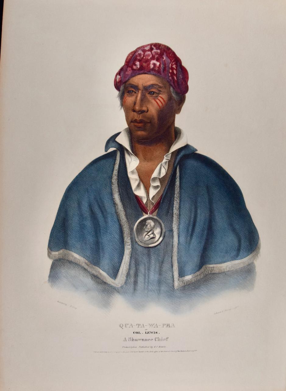 This is an original 19th century hand-colored folio-sized lithographic portrait of a Native American entitled "Qua-Ta-Wa-Pea, A Shawanoe Chief", from McKenney and Hall's 'History of the Indian Tribes of North America'. It was lithographed by J. T.