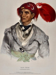 Tah-Chee, Cherokee Chief: 19th C. Folio Hand-colored McKenney & Hall Lithograph