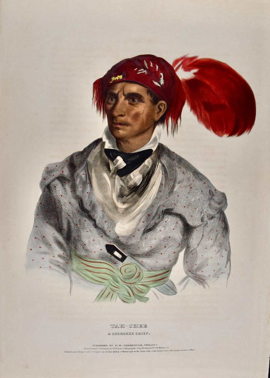 Tah-Chee, Cherokee Chief : Lithographie du 19e siècle Folio colorée à la main par McKenney & Hall